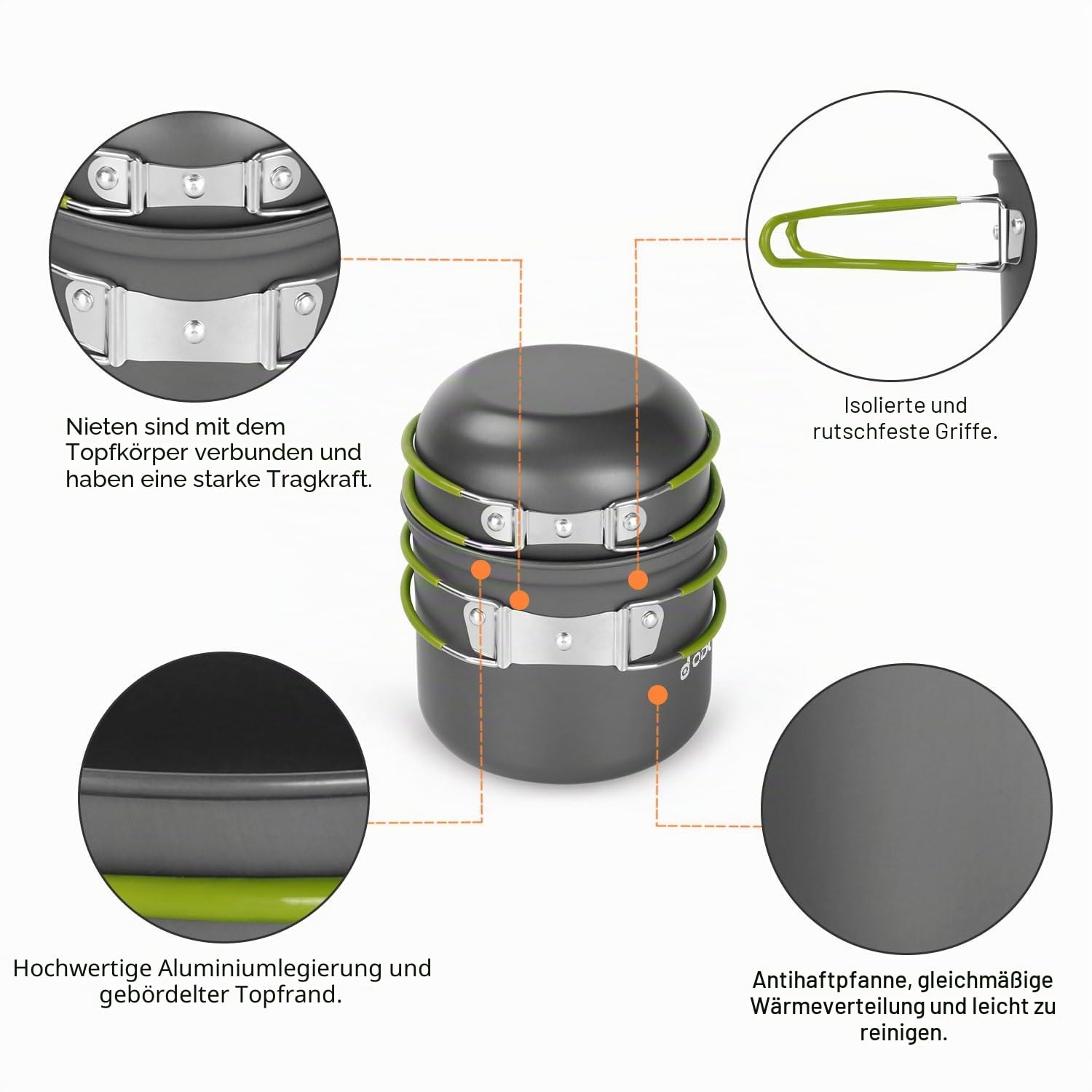 Odoland Camping Geschirr Set 16 PCS für 2 Personen Outdoor Kochgeschirr aus Aluminium und Edelstahl Camping Töpfe Becher Faltbare Besteck Mini Campingkocher für Outdoor Geschirr Picknick Wandern