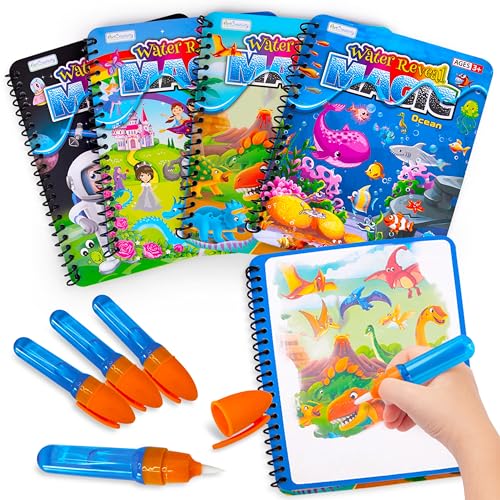Image of ArtCreativity 4 Pack Magic Water Coloring Books for Toddlers, Reusable Magic Water Pen Coloring Books for Kids - Mess Free Water Art Book for Toddlers - Travel Activity Toys, No-Mess Coloring
