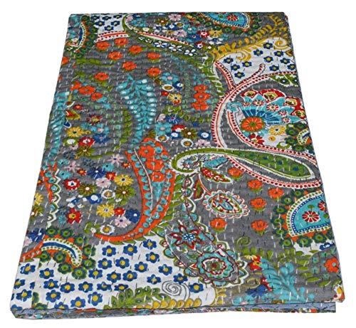 V Vedant Designs Twin Size Paisley Quilt Indian Kantha Quilt Paisley Print Kantha Bedcover Reversible Kantha Throw Bedspread Handmade Bedding Kantha Tribal Grey Quilt Paisley Blanket, 90X60 Inch