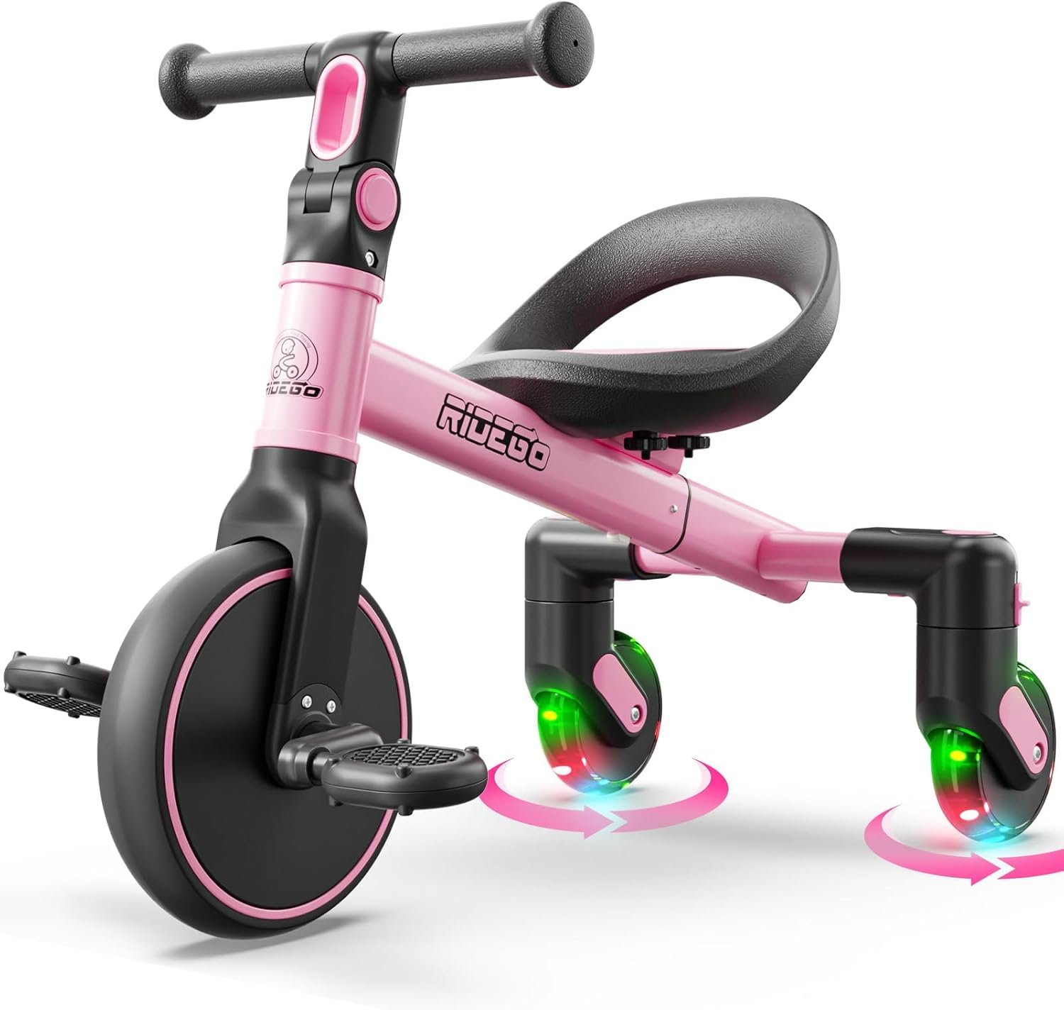 Ridego 3-in-1 Kids Tricycle for Toddlers Aged 2–5, 360° Drift Trike, Adjustable Seat, Battery-Free Light-Up Rear Wheels, Carbon Steel Frame, Ride-On Toy for Indoor & Outdoor Play