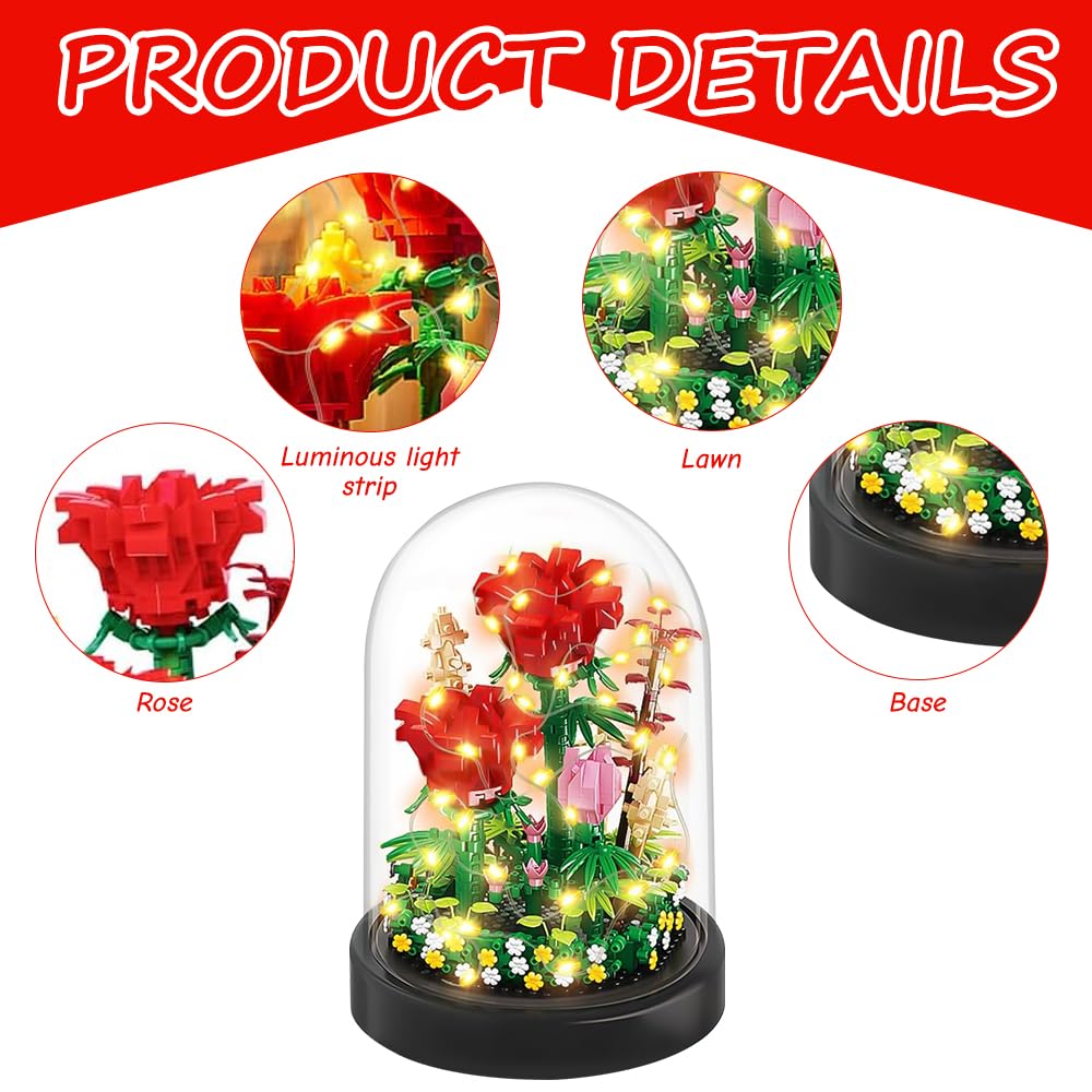 Dhqkqg Mini Rose Flower Bouquet Building Sets, Flower Bouquet Building Kit with LED Lighting, Rose Sets with Dust-Proof Dome - Image 4