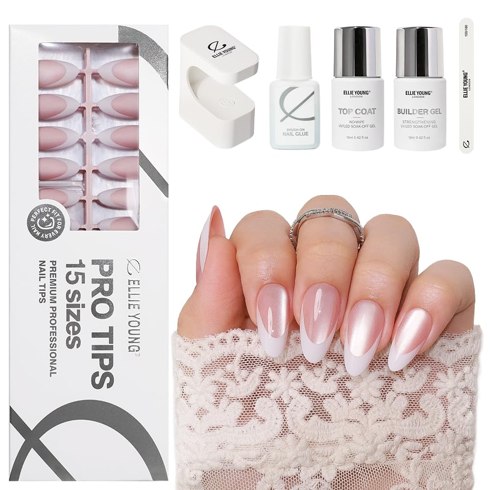 PROTIPS - Unghie finte a pressione, effetto occhio di gatto, colore nude, colore mandorla, 160 pezzi, in gel morbido, riutilizzabili, in 16 misure, stile francese prefabbricate, per