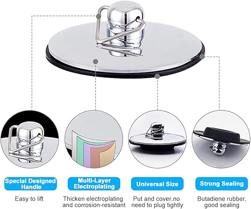 Miniatura 5 de Fdit Tapón de bañera para lavabo de baño, colador de acero inoxidable cromado con cadena, tapón universal para atrapar el cabello