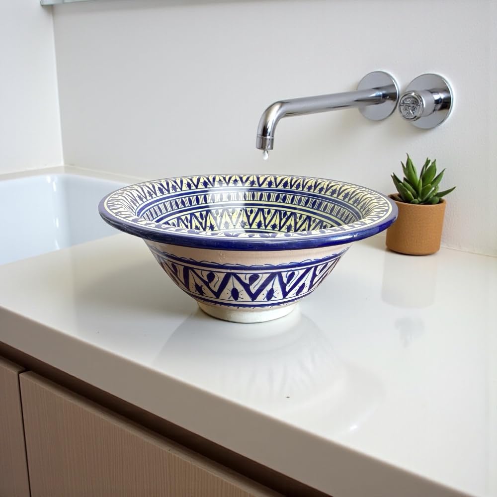 Lavabo Marocchino in Ceramica, Dipinto a Mano, Fes, 40 cm, Blu e Bianco, Motivo Orientale