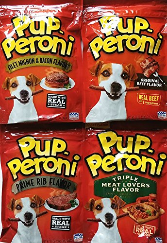 Pup-Peroni Dog Snacks 4 Flavor Variety Bundle: Triple Meat Lovers Flavor, Prime Rib Flavor, Original Beef Flavor, Filet Mignon & Bacon Flavors