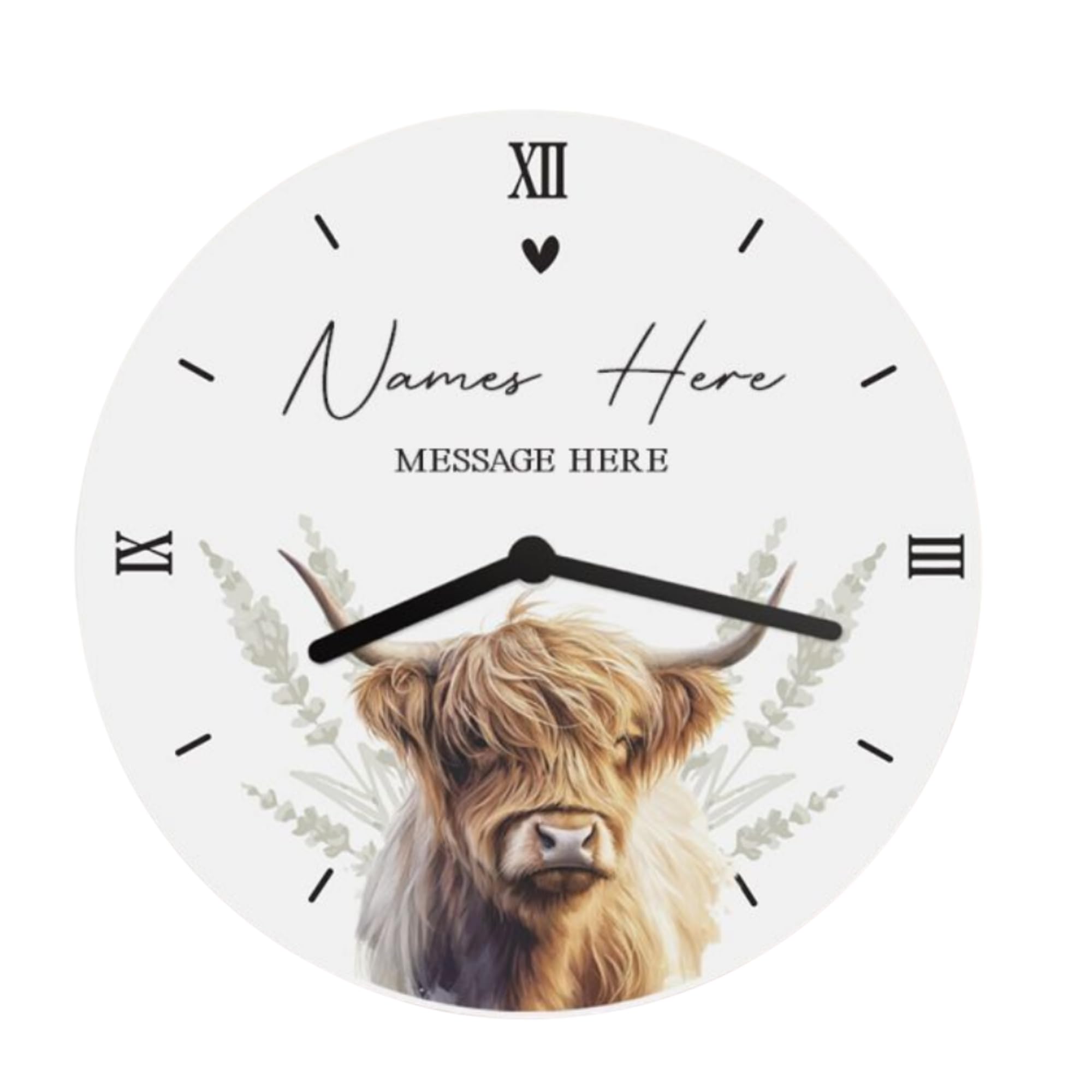 Caleli Gifts Grey Personalised Highland Cow Wooden Clock