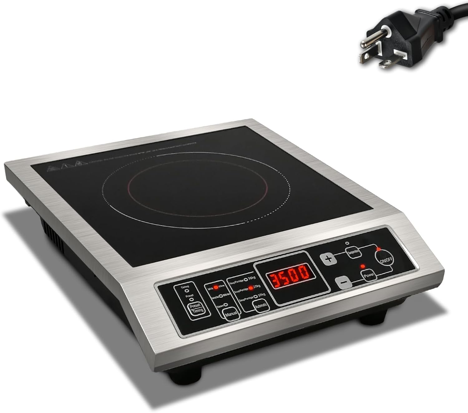 Induction Cooker,3500W High Power Commercial Induction Cooker, 9.5-Inch Enlarged Double-Layer Heating Plate, 8-Speed Power Adjustment, Brushed Stainless Steel Process, Waterproof, Leak-Proof