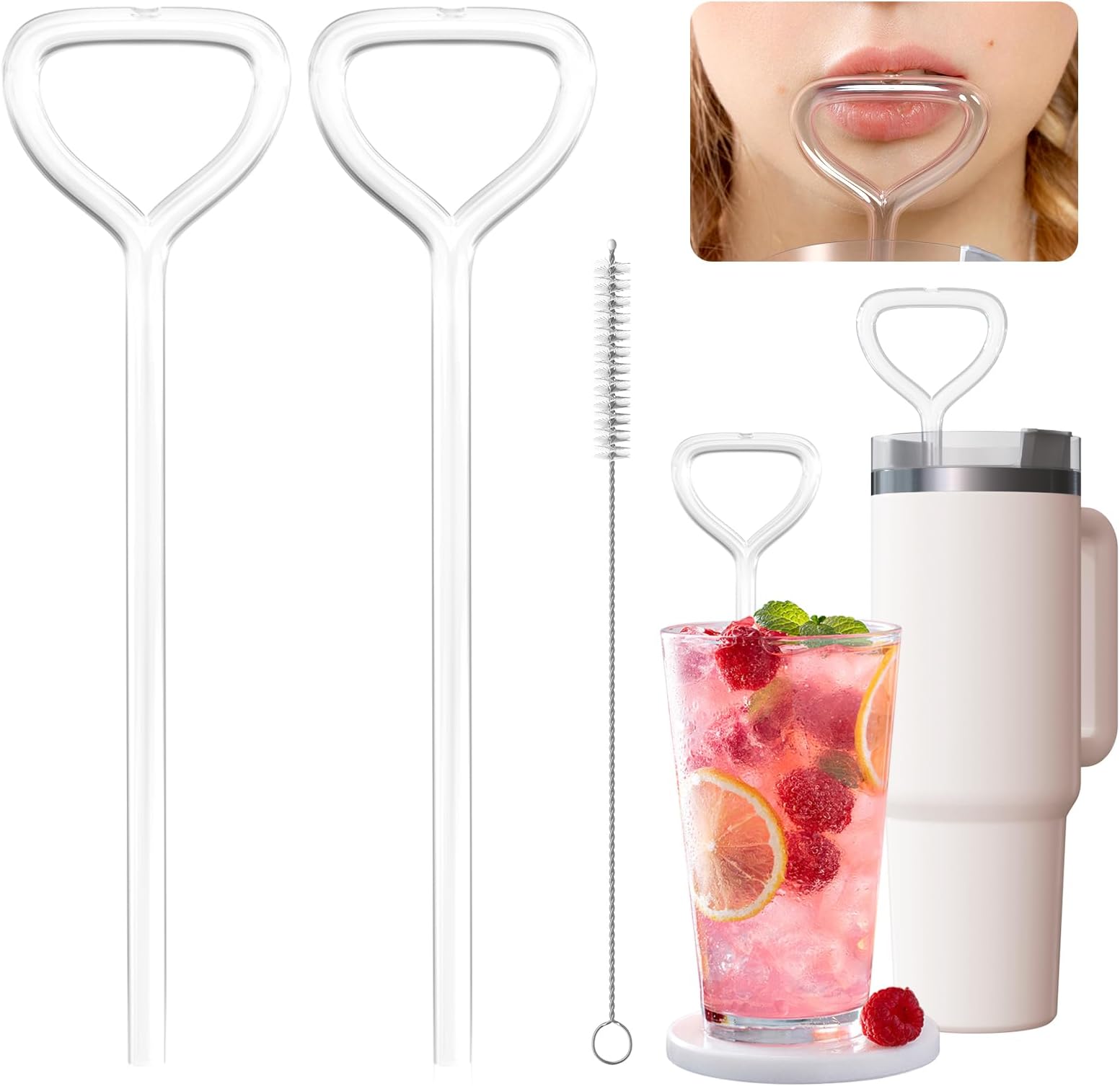 Anti-Wrinkle Glass Straw 2pcs - Reusable Curved Straw for Stanley Cup, Lip Straw, Sideways Drinking Straw
