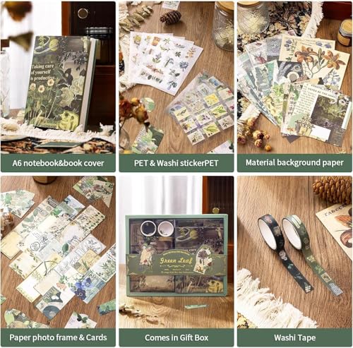 Image of 346Pcs Paper Vintage Aesthetic Scrapbook Kit Scrapbooking Supplies Kit With Bullet Junk Journal, Stationery, Washi Stickers A6 Grid Notebook Journaling Gift For Girl (Nature)