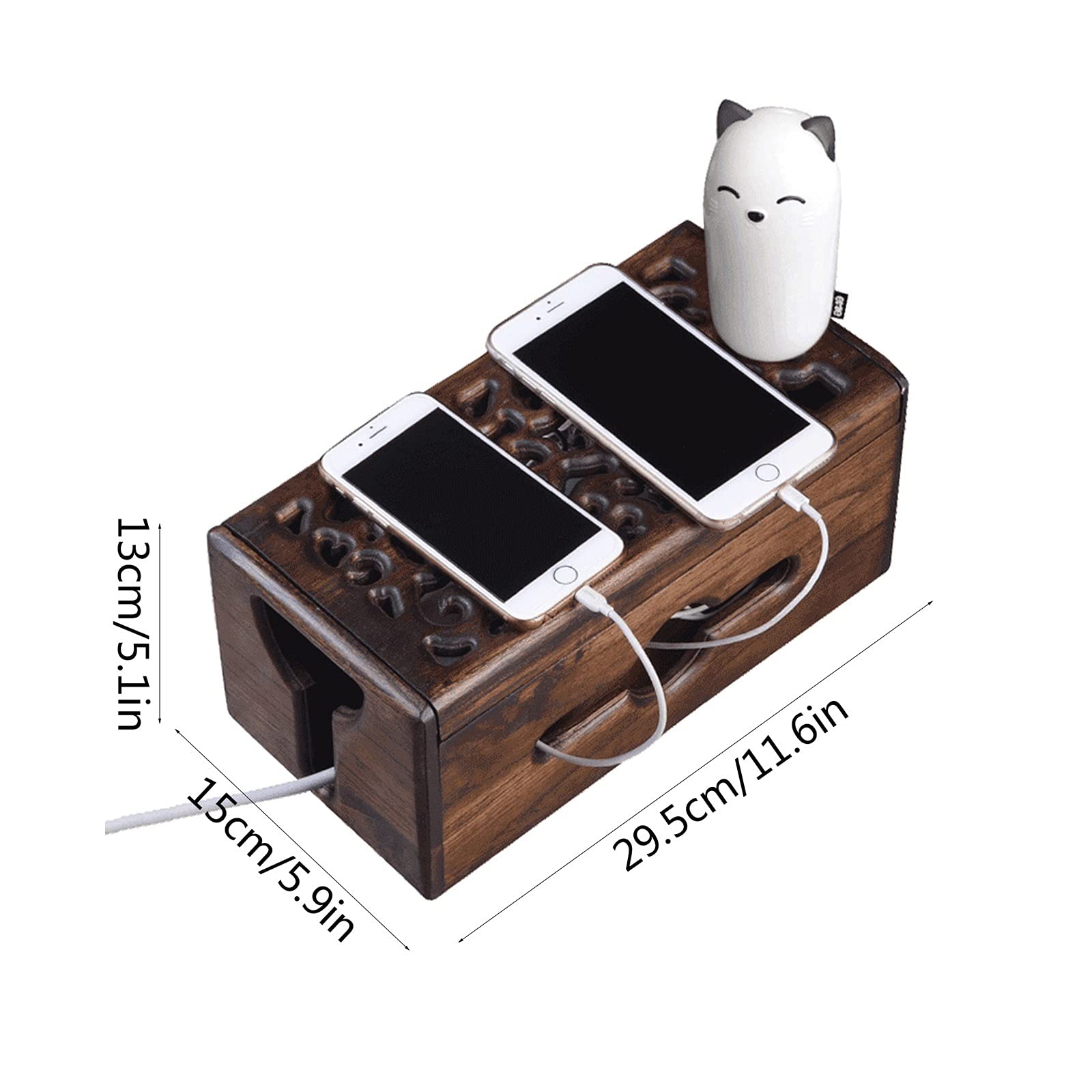 ordenador de cables, Caja de almacenamiento enchufe alimentación Cable grabado a mano madera con tapa abatible, grande for el hogar