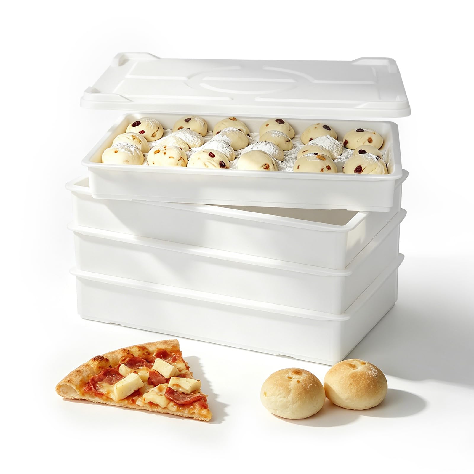 HAKKA 22.8L Dough proofing box with Lid,4 Pick Pizza Dough Box(60x40x9.5cm),Bread Dough Tray for Bakery & Pizzeria Use,Holds Up to 15 Dough,Stackable Bread Plastic Storage Box (white(4Boxes+1Lid))