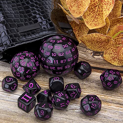 Austor 15 Pieces Complete Polyhedral Dice Set D3-D100 Game Dice Set With A Leather Drawstring Storage Bag For Role Playing Table Games(Black & Purple) #TOP3
