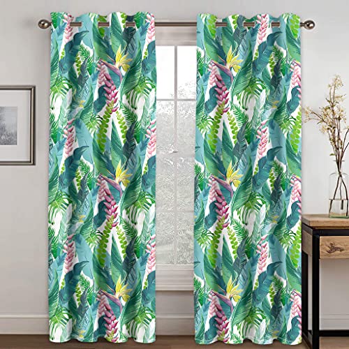 Cortinas opacas con estampado de plantas tropicales para dormitorio, sala de estar, 90 pulgadas de caída, con patrón de hojas verdes, tratamientos de ventana de 66 x 90 pulgadas (ancho x largo), 2