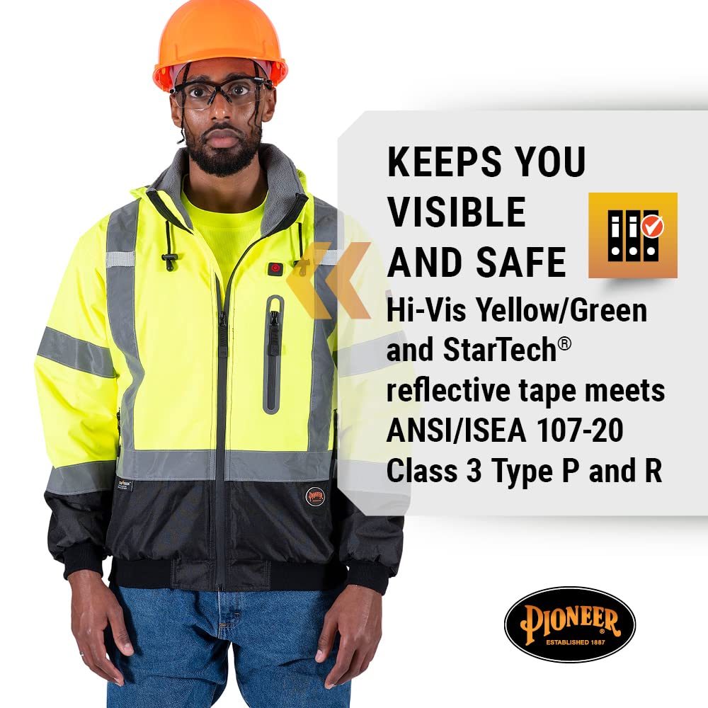 Pioneer Hi-Vis Waterproof Heated Safety Bomber Jacket - Class 3 StarTech Reflective Tape & High Visibility, Waterproof, Windproof Quilted Bib Safety Pants With Adjustable Suspenders