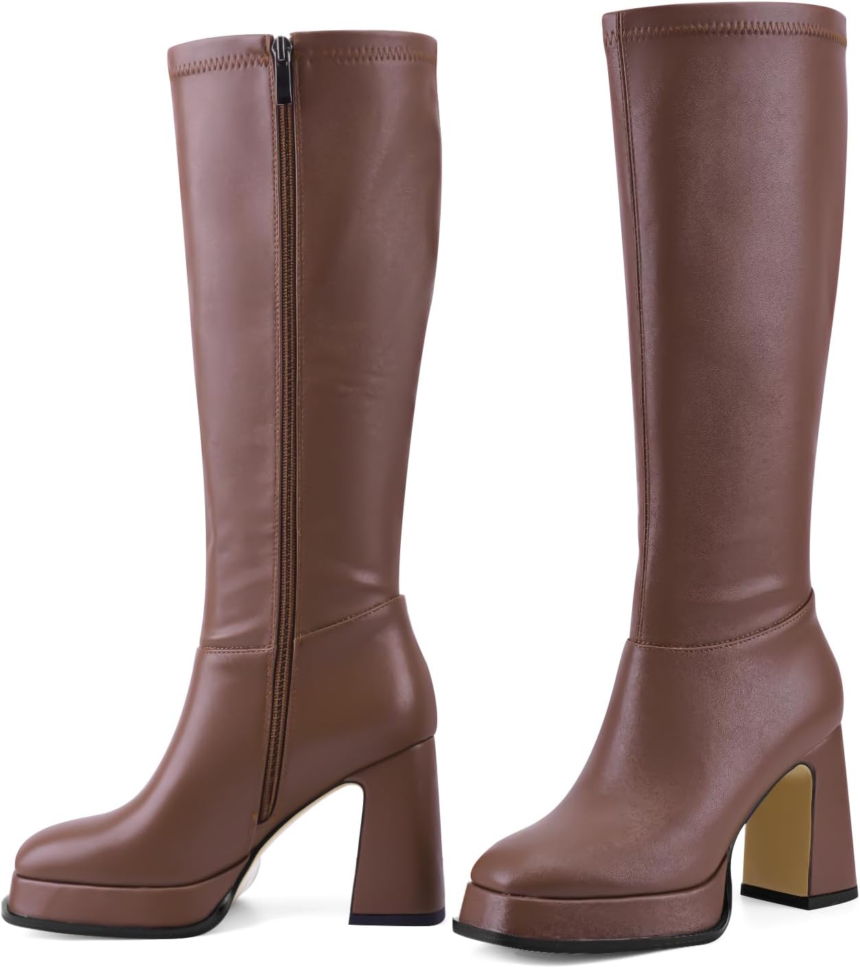 QIV Platform Knee High Boots for Women Square Toe Chunky Block Heel Tall Gogo Boots with Zipper