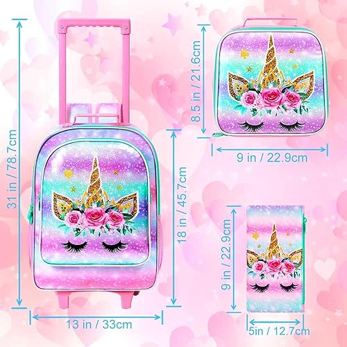 Miniatura 4 de CCJPX Mochila escolar con ruedas de unicornio de 3 piezas para niñas, juego de mochila escolar con ruedas enrollables de 18 pulgadas, bolsa escolar