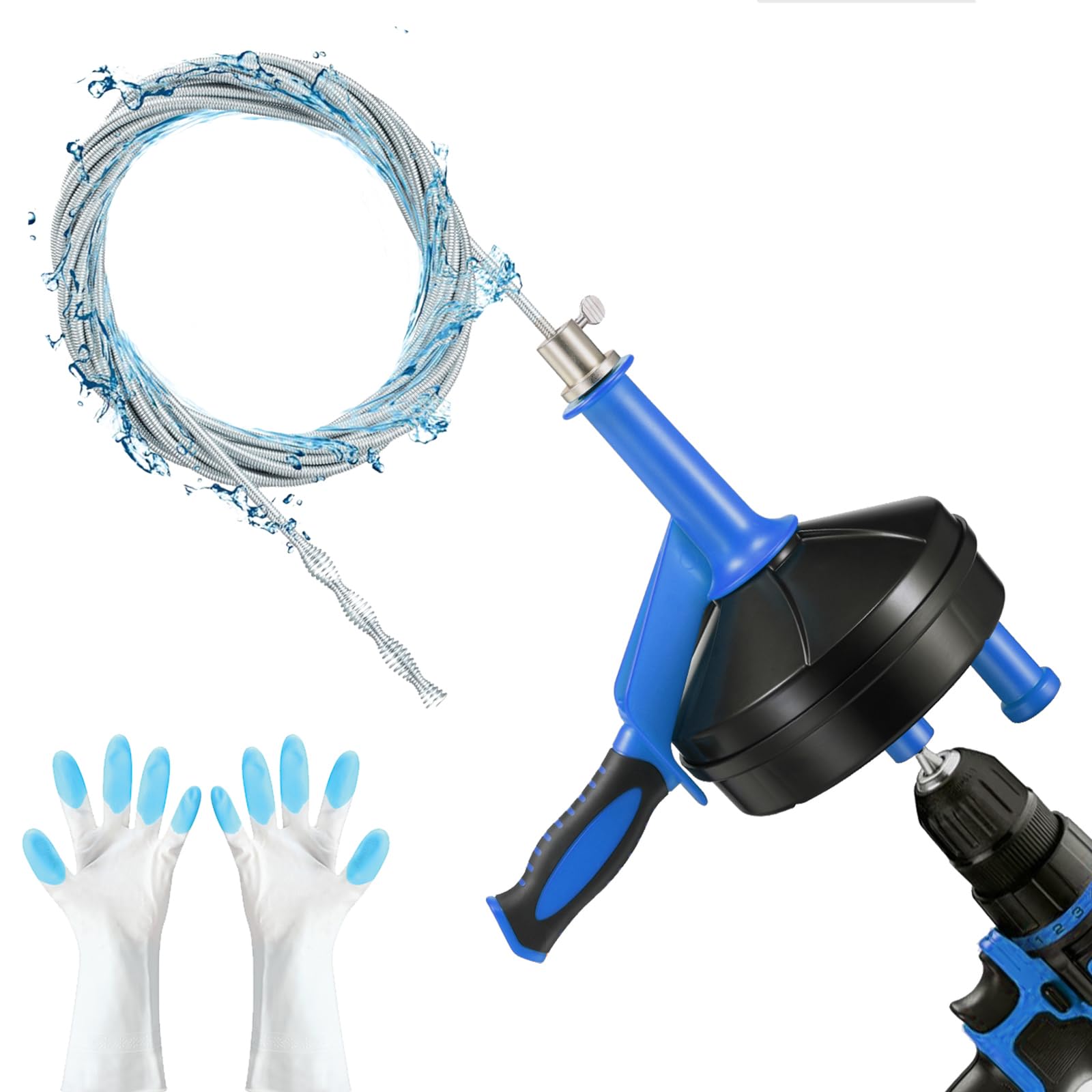 Drain Auger, Clog Remover with Drill Adapter, 25 Feet Flexible Plumbing Snake Use Manually or Powered for Kitchen, Bathrom and Shower Sink, Comes with Gloves (blue)