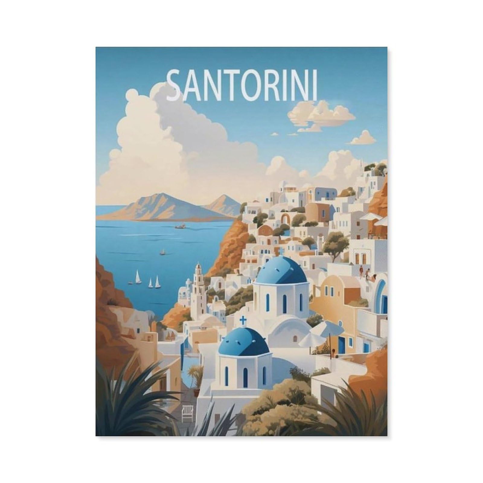 BEAYODKP DIY Paint by Numbers for Adults Canvas，Santorini Greece Vintage Travel Poster，DIY Oil Painting, Pictures Drawing Paintwork with Paintbrushes Decoration Gift(40x50cm-AO50