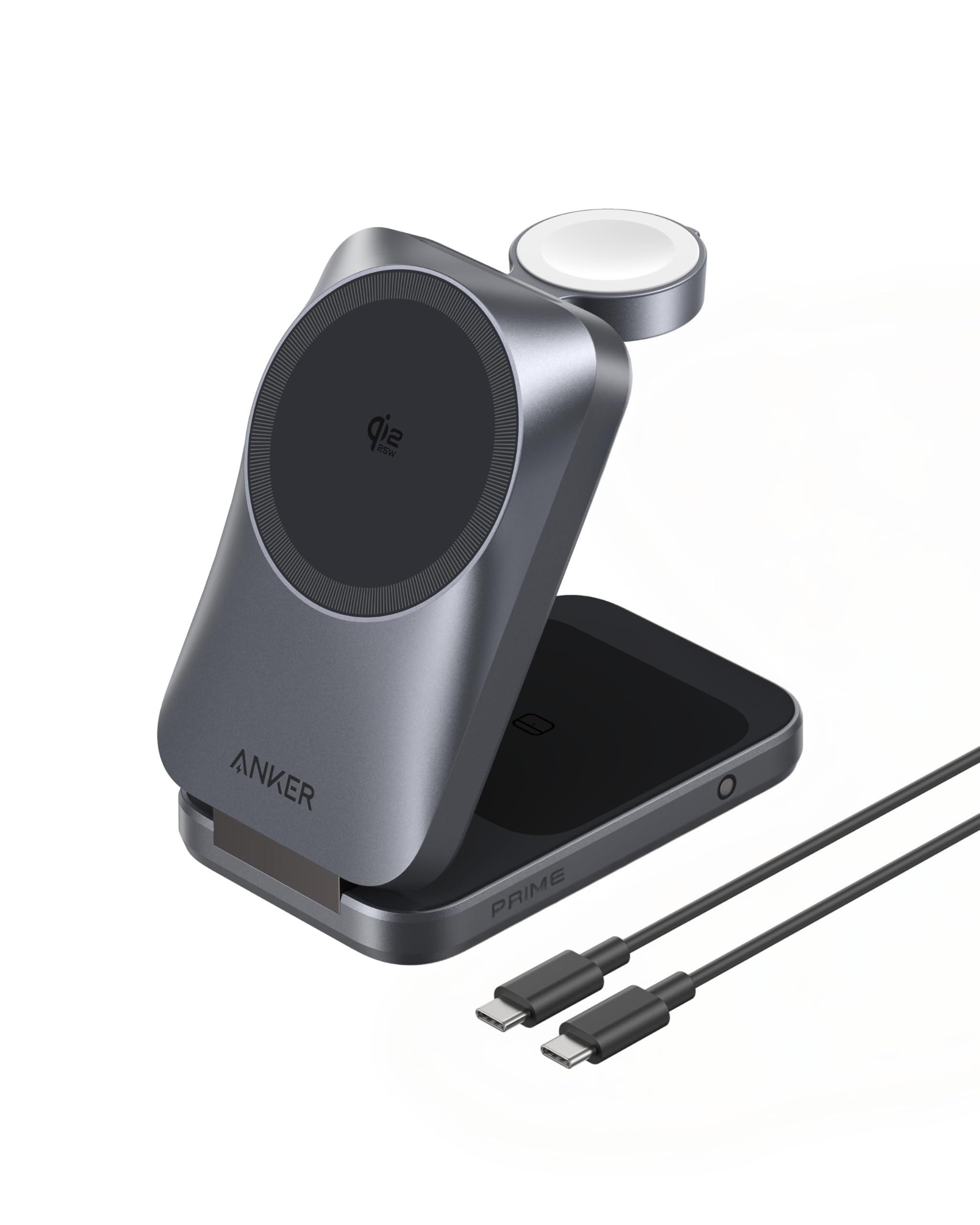 Anker Prime Ładowarka bezprzewodowa iPhone 3 w 1, kompatybilna z MagSafe, certyfikowana Qi 2.2 25W, składana i kompaktowa. Ładuje iPhone 17/16, Apple Watch, AirPods (bez baterii, w zestawie adapter)