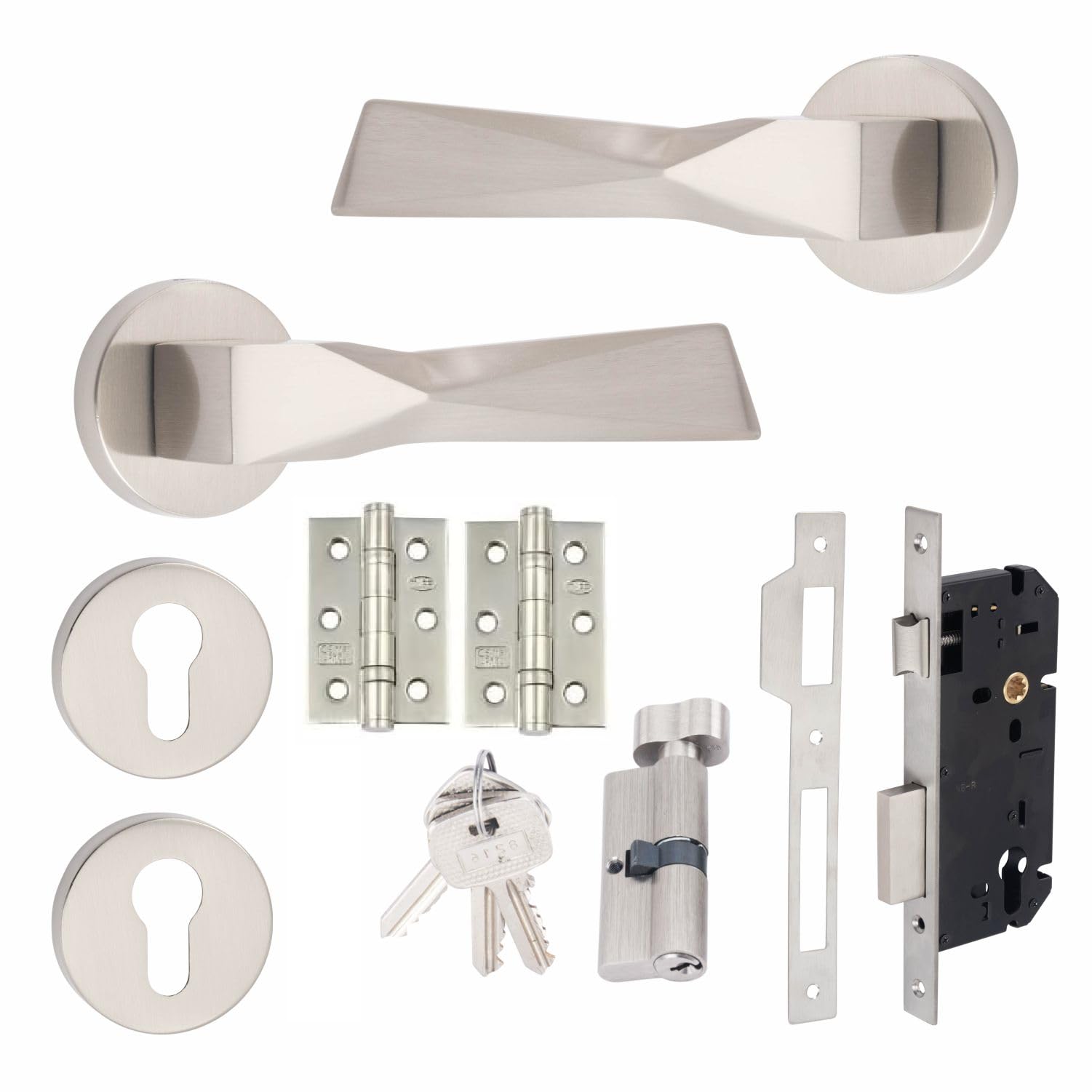 Golden Grace Satin Nickel Modern Aura Euro Lock Door Handles In Finish With70mm Key & Thumbturn Barrell
