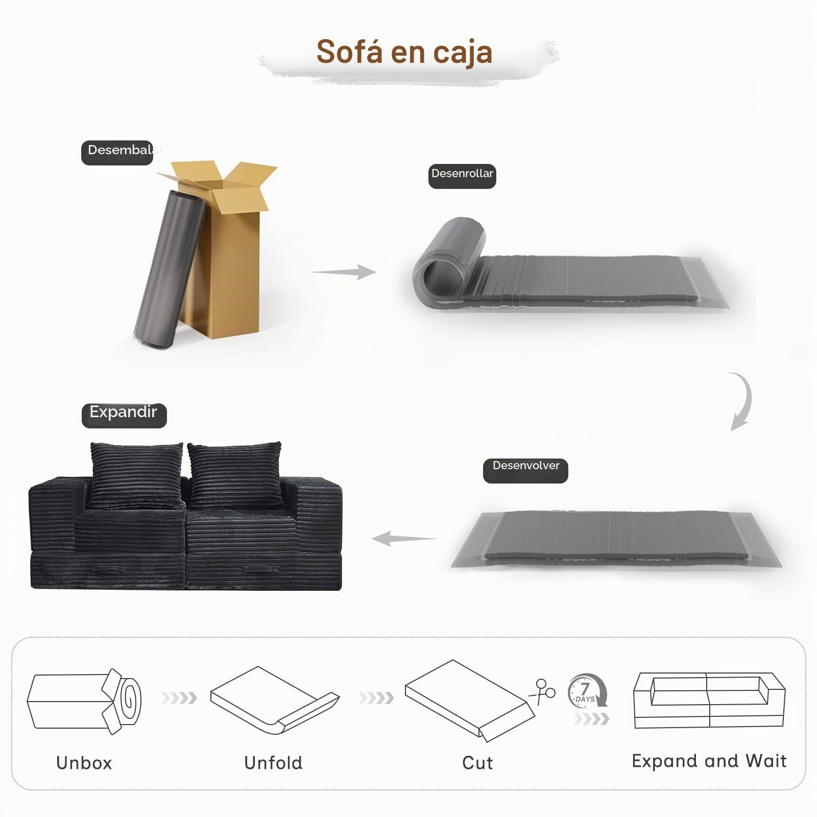 Vamcheer Sofá Cama Modular 2 Plazas con 2 Almohadas 180cm, Gris | Sofá cama de espuma, tapizado de franela suave, sin montaje, certificado OEKO-TEX, apto para salón, dormitorio y oficina
