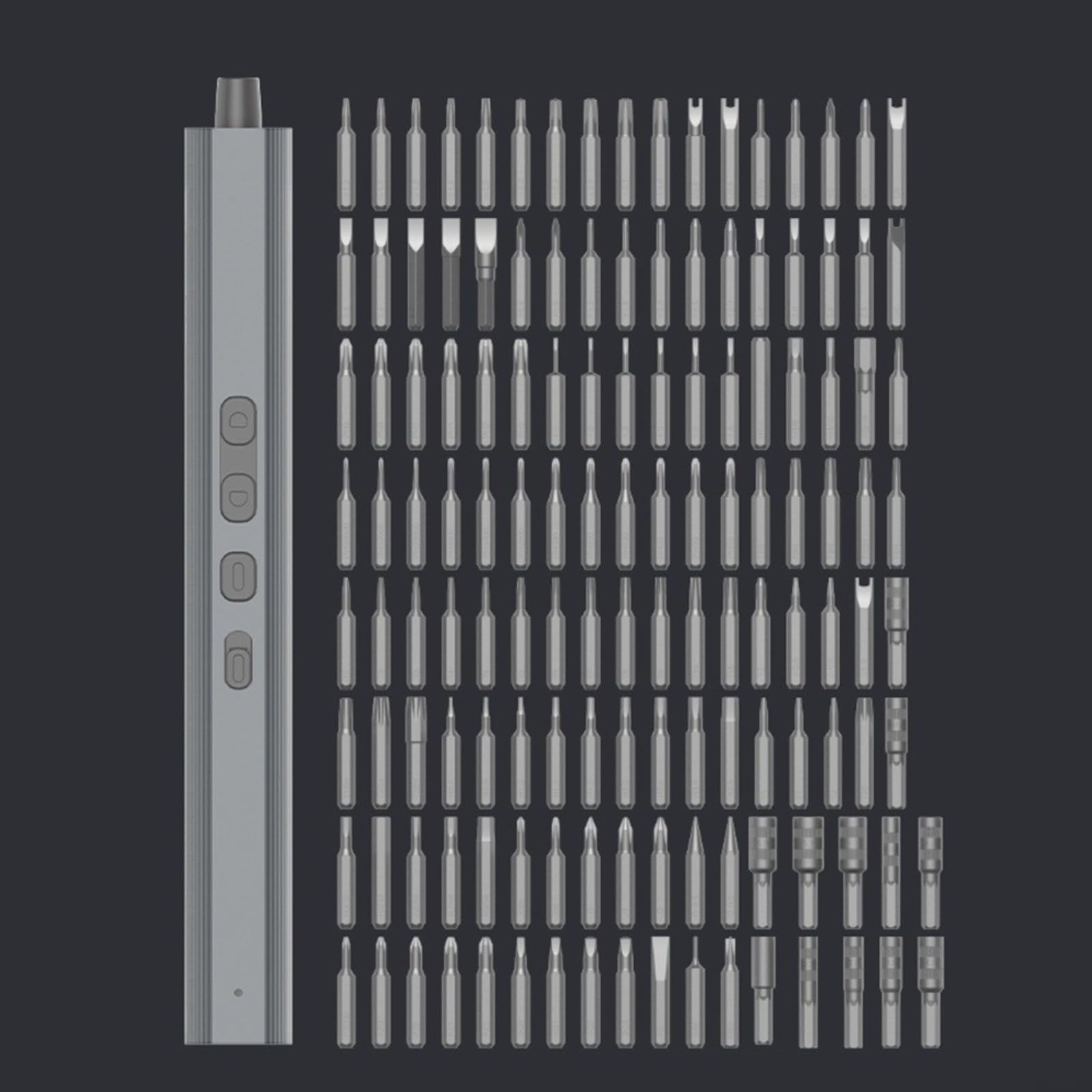 Juego de destornilladores eléctricos recargables de 156 piezas, control de par de 0,12-0,35 Nm, agarre ergonómico para reparación electrónica (gris)