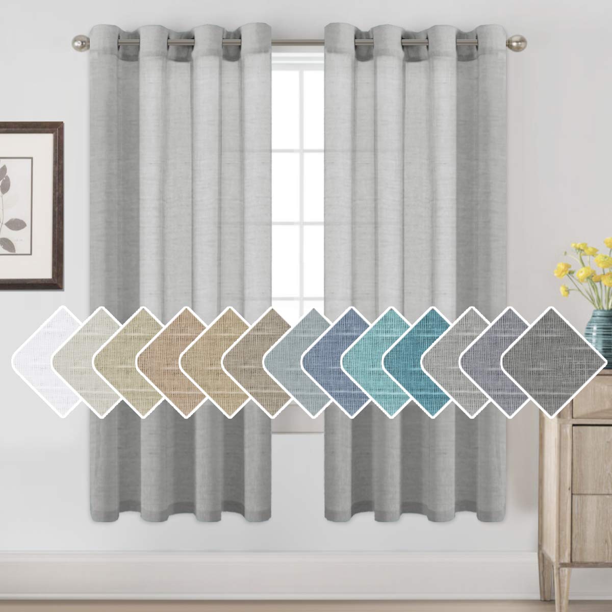 H.VERSAILTEX Linen Sheer Curtains 72 Pair Set Linen Textured Sheer Curtains Nickel Grommet Window Treatment Panels for Villa/Hall/Parlor, Open Weave - Grey - 52" W x 72" L