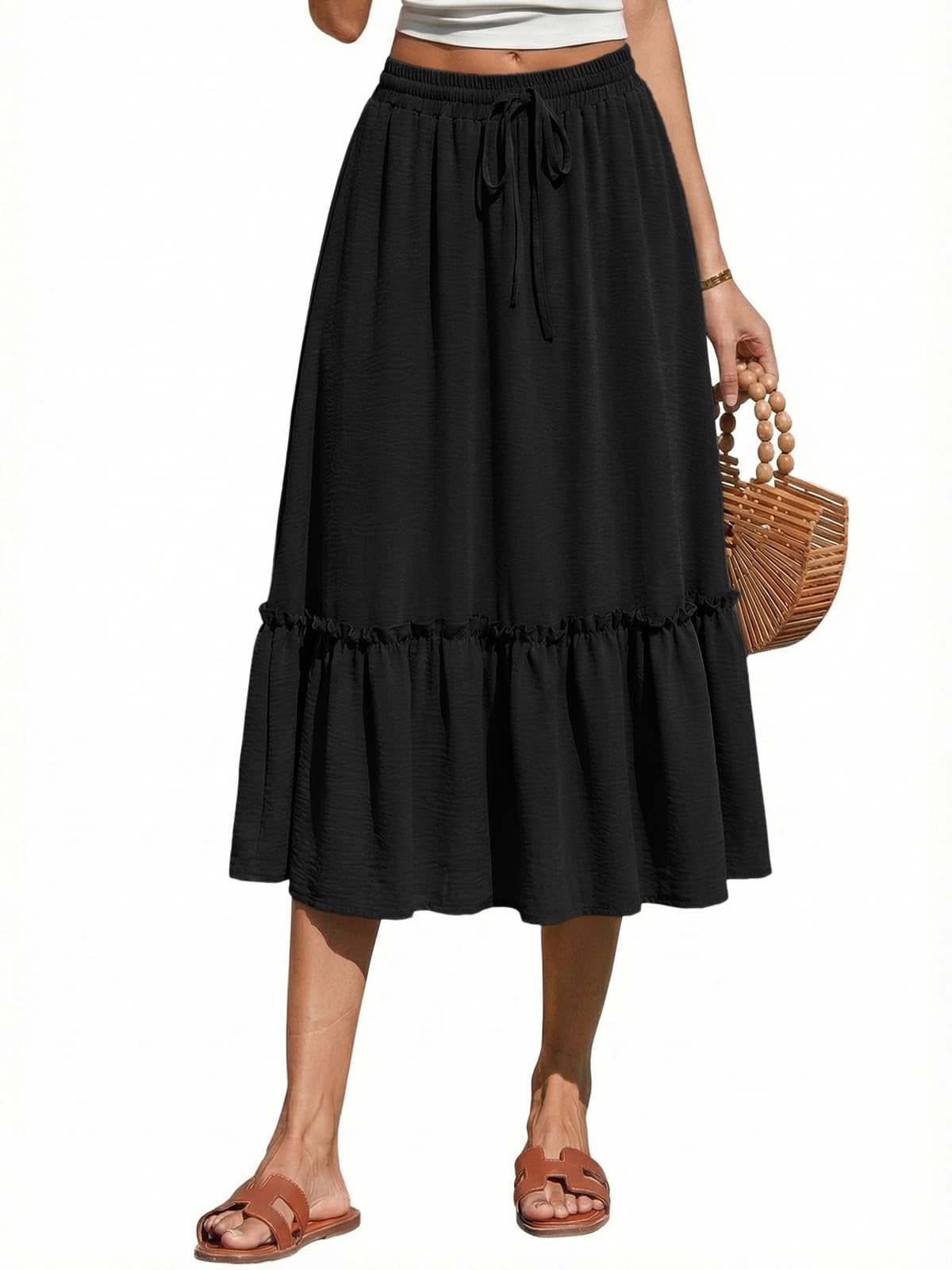 Cicy Bell Rock Damen Knielang Lang Sommerrock Hohe Taille Skirt Elegante Midirock Casual Freizeitrock Elastische Cocktail Skirt mit Taschen