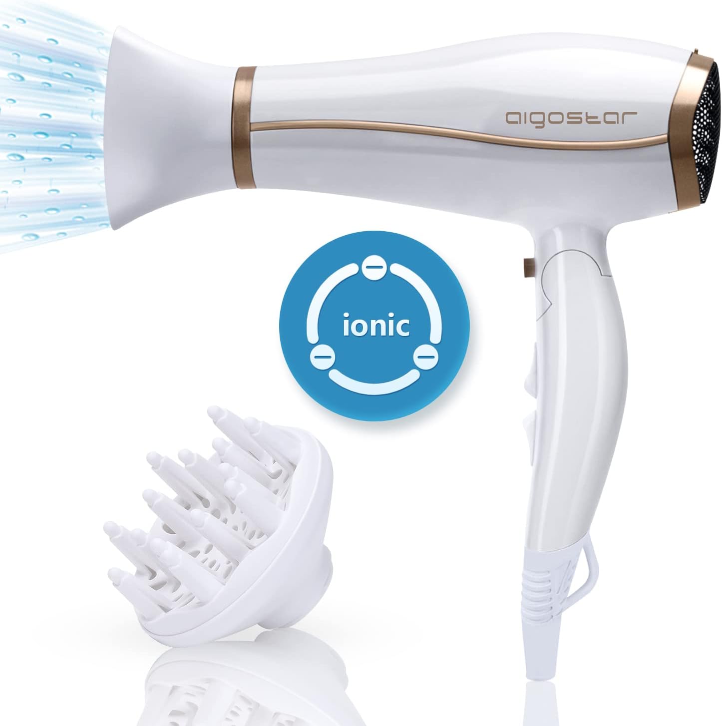 AigostarProfessional Ionic Hairdryer, 2200W Fast Dry Hair Dryer with Concentrator and Diffuser, Foldable Design, 2 Speed & 3 Heat Settings, Cool Button, White- Luna 32QUO