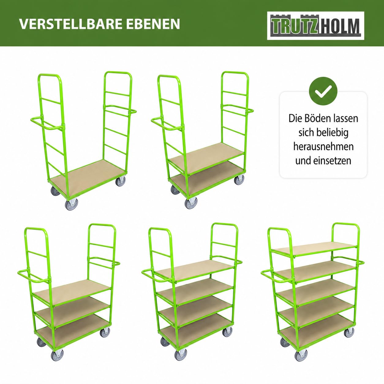 TRUTZHOLM Etagenwagen 600 kg Transportwagen mit 5 höhenverstellbaren Böden, grüner Stahl Rollwagen für Lager Werkstatt Garage