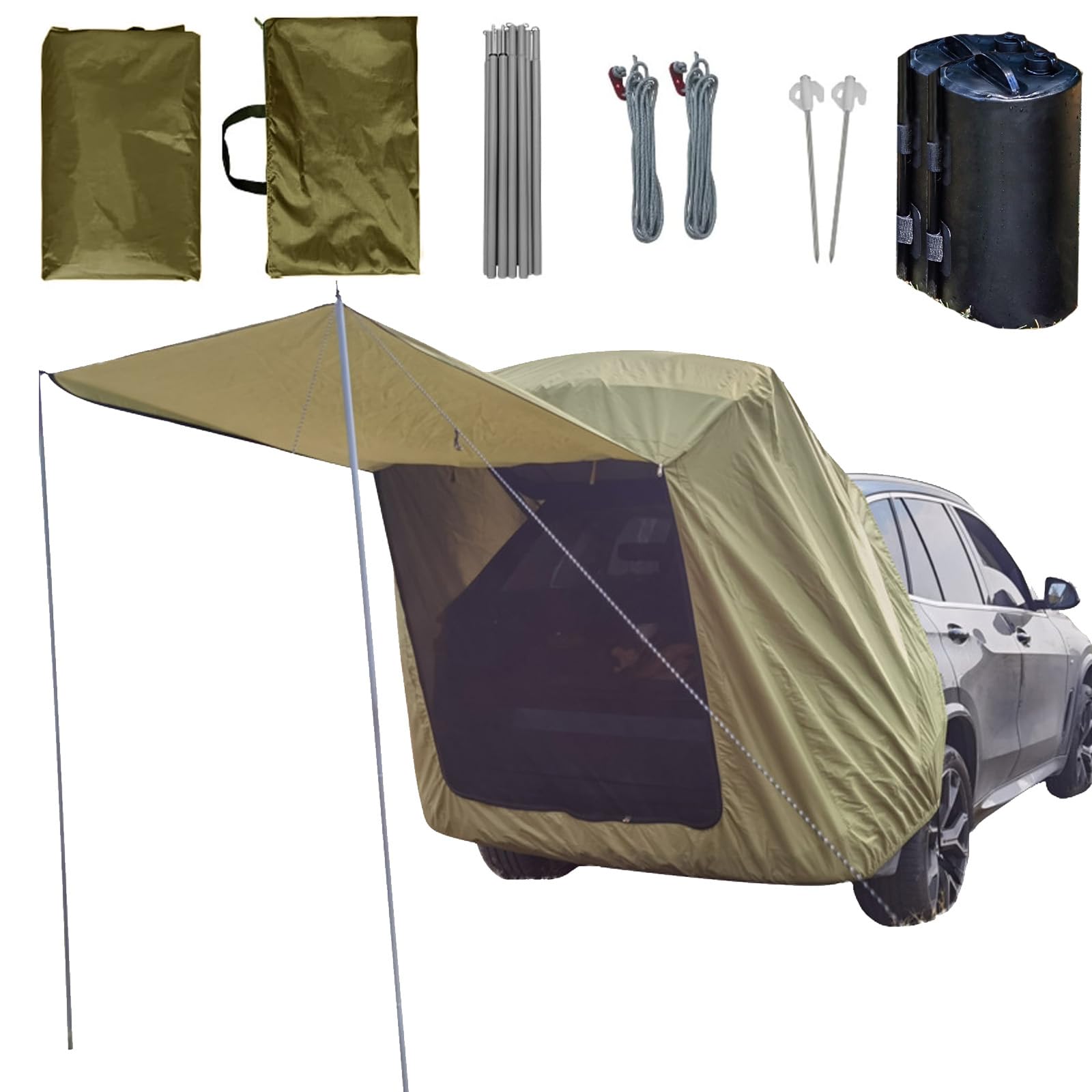 Tienda de campaña Trasera de Coche con mosquitera, protección Solar Impermeable toldos de Coche Tienda de campaña para SUV, toldo de Coche para Camping y Pesca con 2 Bolsas de Agua