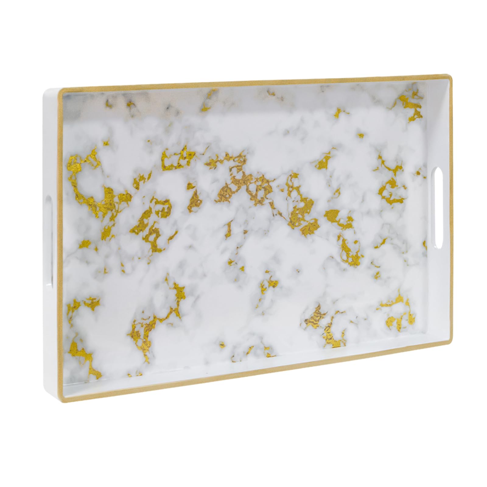 MAONAME White Decorative Tray with Handles, Plastic Serving Tray for Coffee Table, Marbling Rectangular Tray for Ottoman, Bathroom, Storage, 15.8" Lx 10.2" W X 1.4" H
