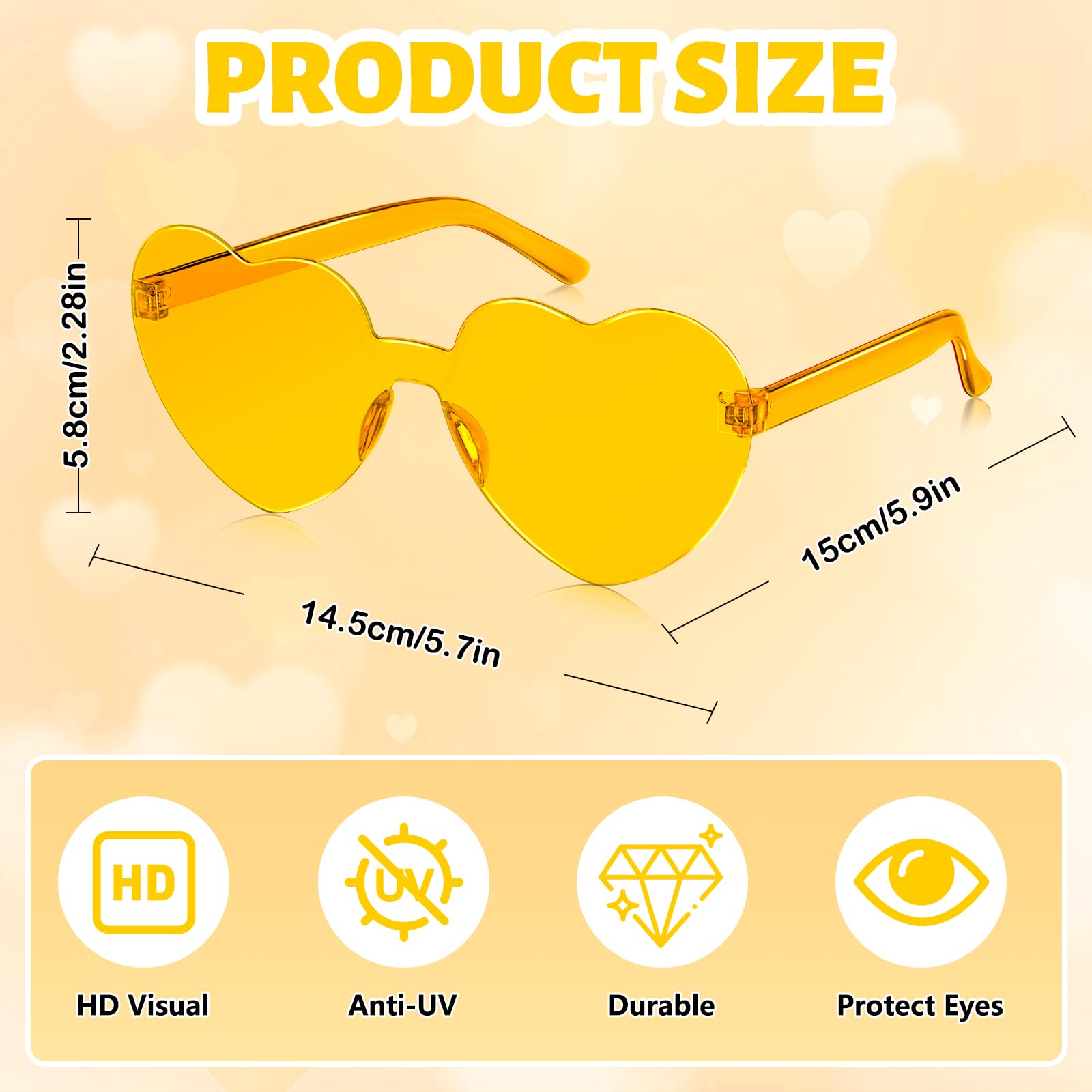 SelfTek 10 Pcs Yellow Heart Shaped Sunglasses, Funky Heart-Shaped, Unisex-Children & Adults, Rimless, Transparent - Image 2