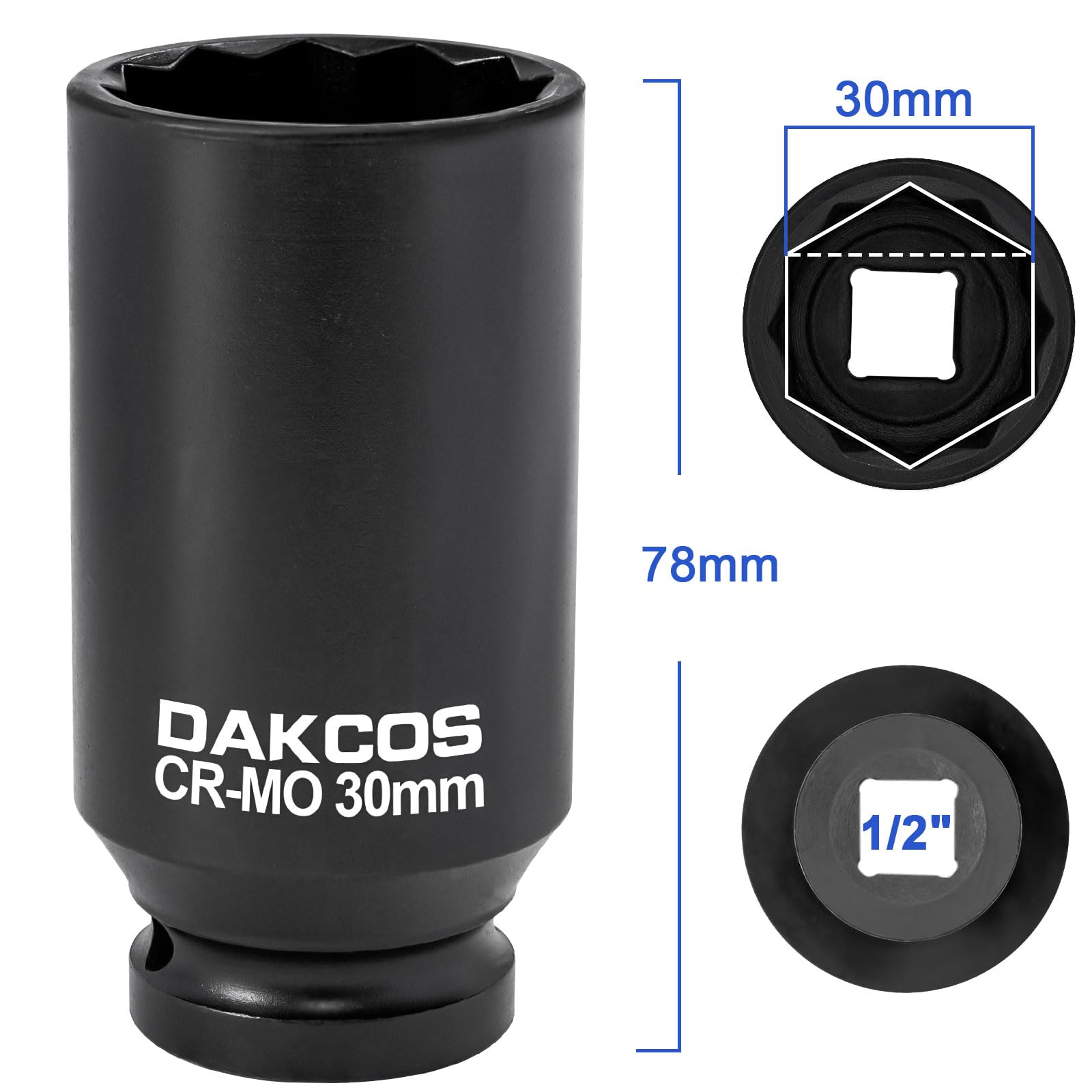 DAKCOS Douille à choc 30mm 12 pans carrée 1/2