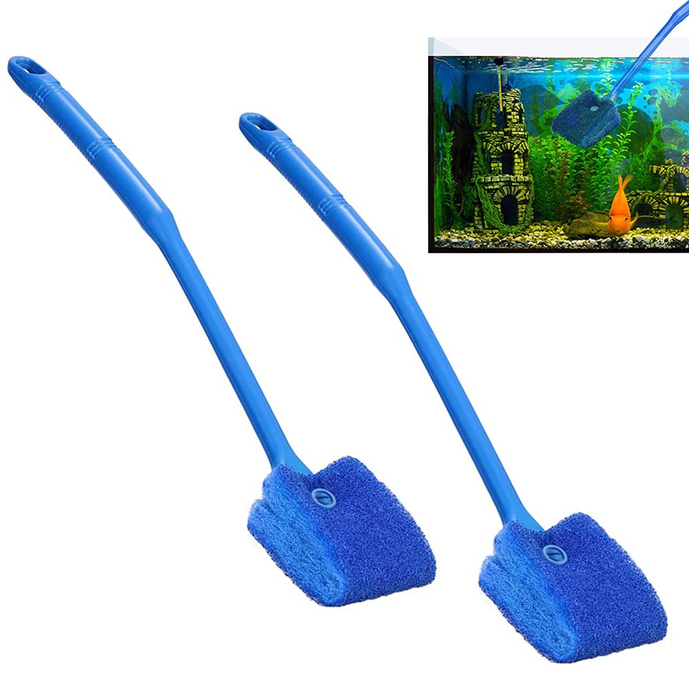 BONH Cepillo de acuario, cepillo de cristal, cepillo de limpieza, esponja azul, cepillo de limpieza de doble cara, 40 cm, mango largo, juego de dos