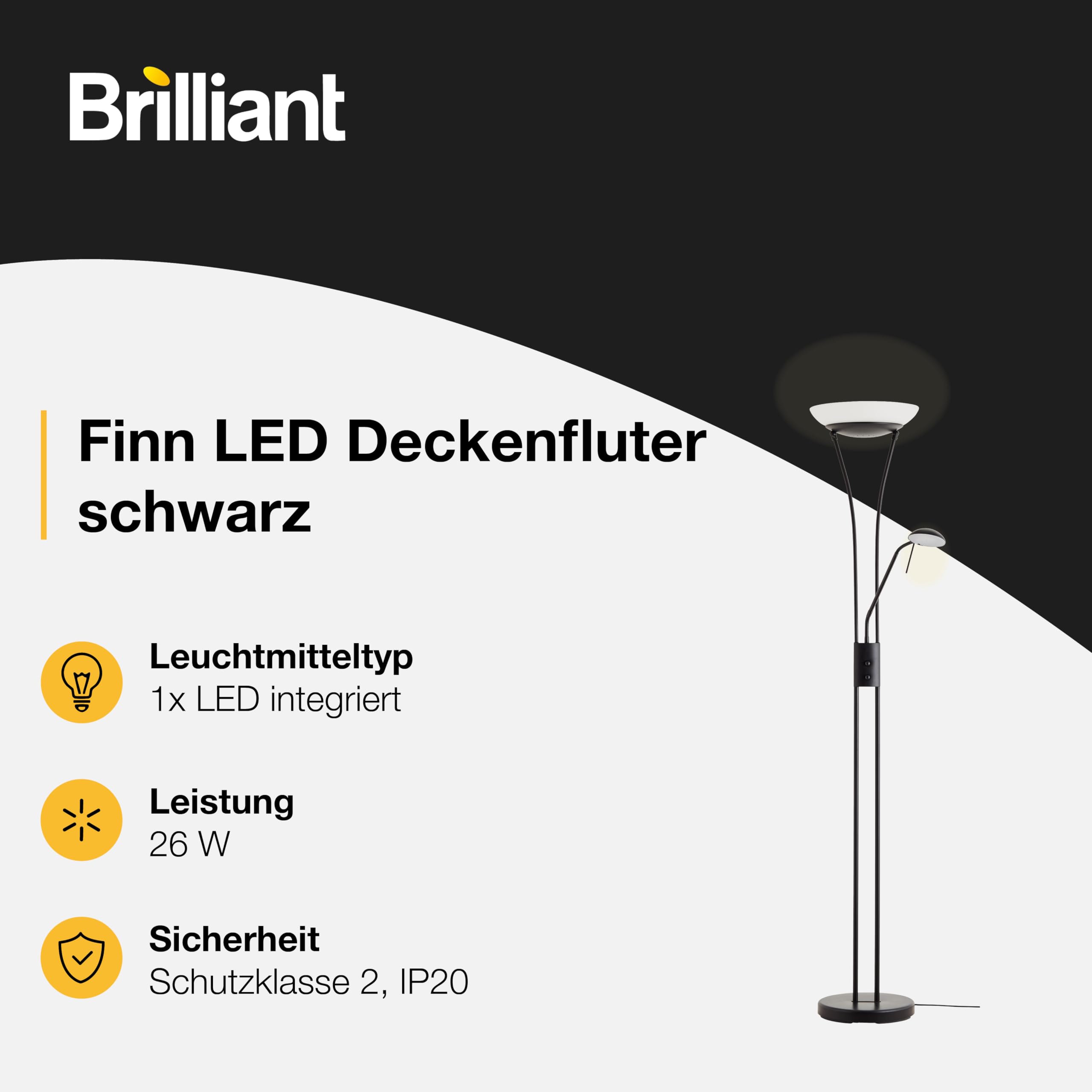 Brilliant Finn LED Deckenfluter Lesearm schwarz, Metall/Glas, 1x LED integriert (SMD), 26 W, (Lichtstrom: 2500lm, Lichtfarbe: 3000K) | Stehlampe mit Drehdimmer fürs Wohnzimmer und die Leseecke, modernes, schlankes Standleuchten-Design