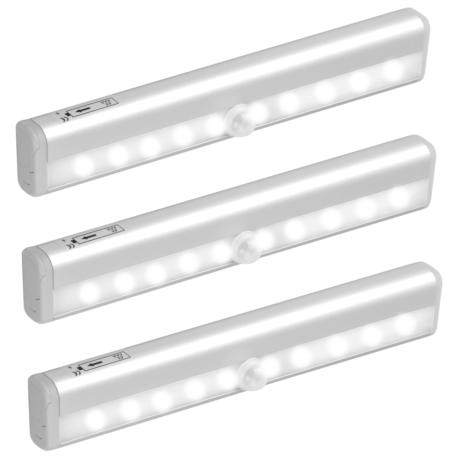 Jinlaili 2 Pack Wireless Under Cupboard Lights, 10 LED Motion Sensor Lights for Closet, Under Cabinet Lights with Magnetic Strip, Night Light, Battery LED Light Bar for Kitchen (3PCS-Cool White)