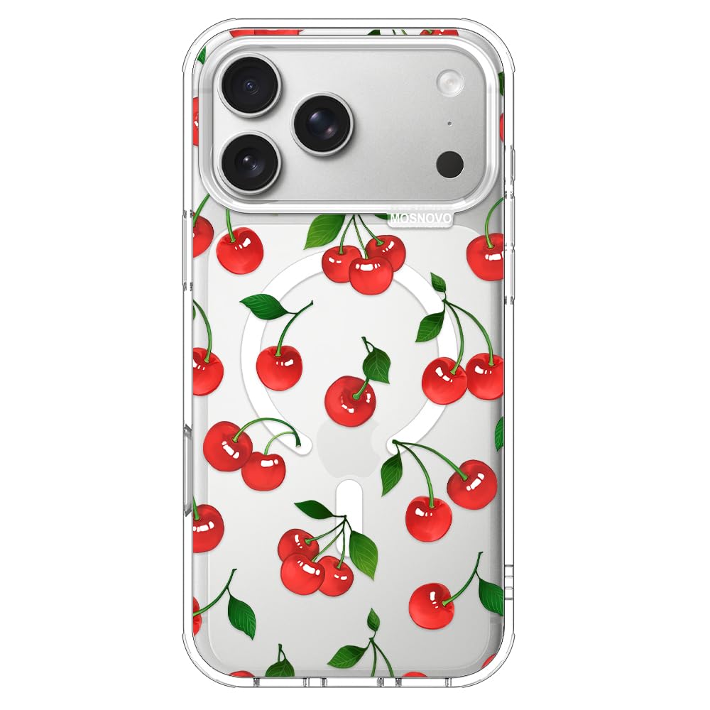 MOSNOVO for iPhone 17 Pro Max Case | Compatible with Magsafe | Military Grade 6.6ft Drop Tested | Camera Control | Clear with Cute Cherry Design Global Recycled Standard Global Recycled Standard Global Recycled Standard