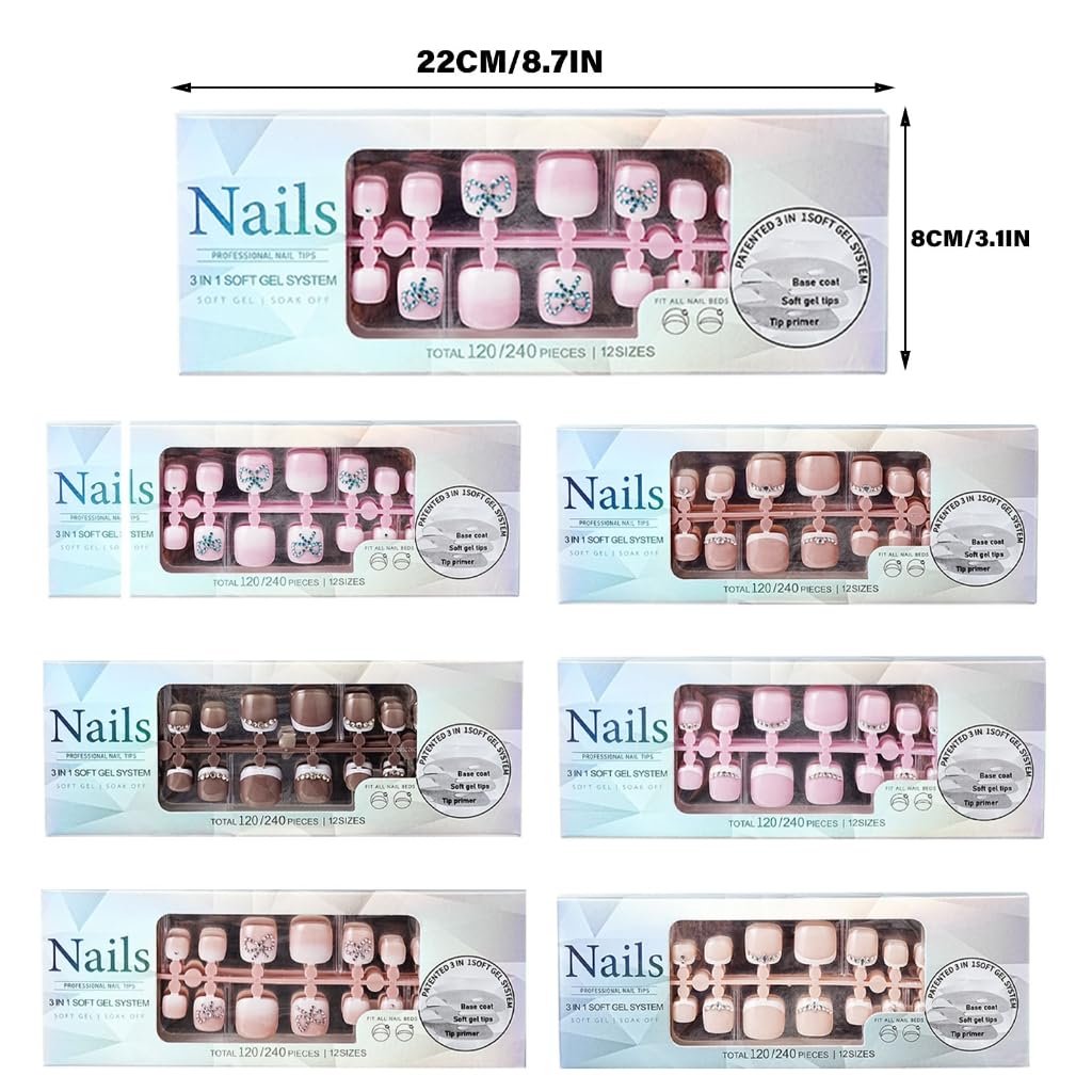 Full Cover Fake Toe Nails 120Pcs Quick Application Toenails Long Wear Home Manicure Fashion Toenail Enhancement