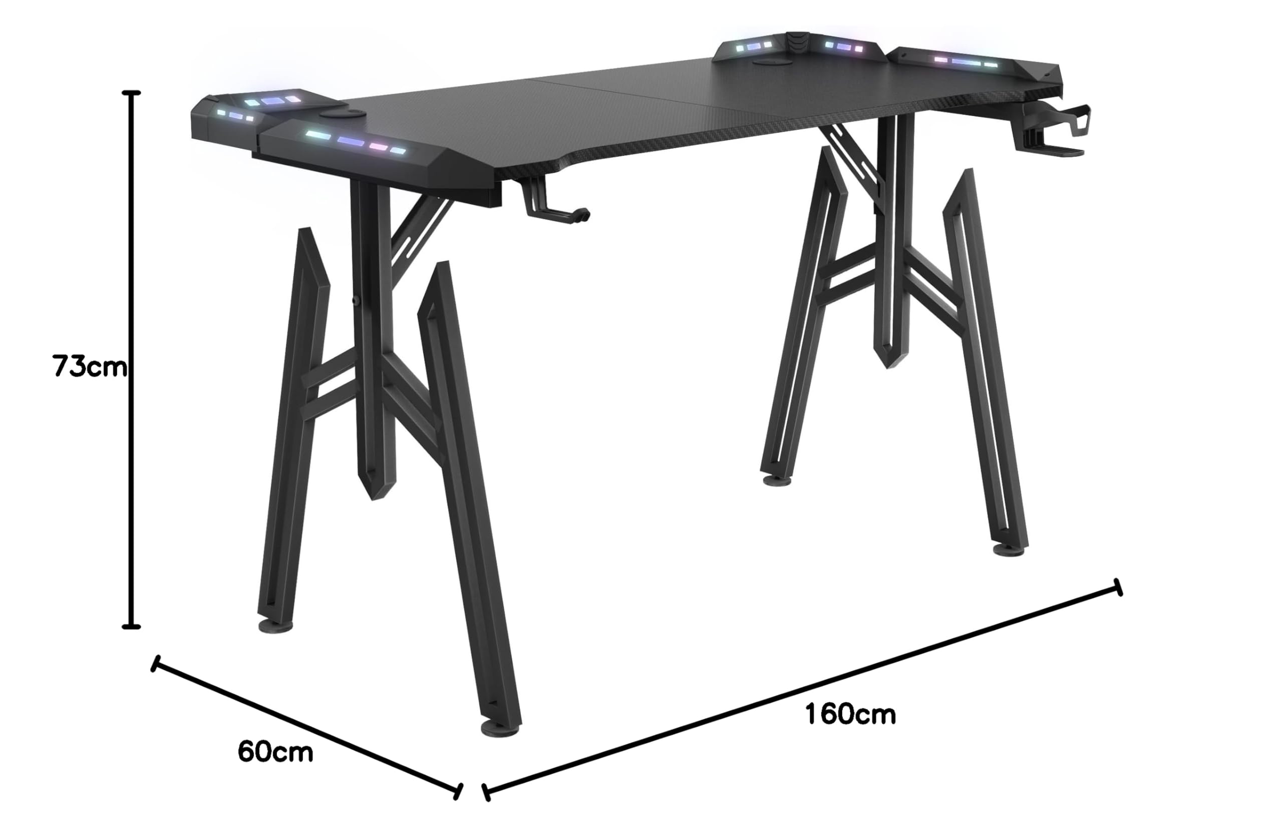 UISEBRT 160x60x73cm Mesa Gaming M-Frame con LED, Mesa de Ordenador con Portavasos y Gancho para Auriculares, Superficie de Fibra de Carbono, Mesa Gaming, Negro, Mesa Ergonómica Gamer para Dormitorio