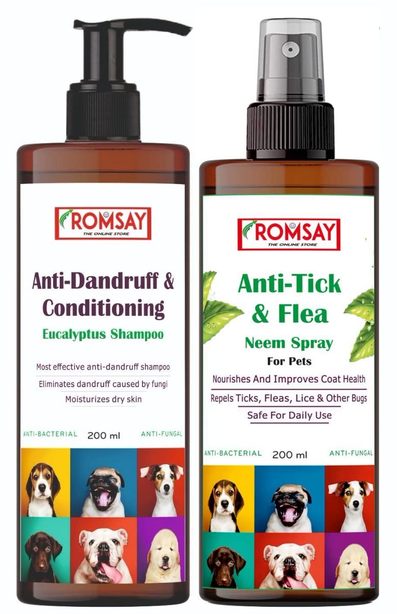 ROMSAY Dandruff Free & Conditioning Shampoo for Tick Flea| Neem Spray for Pets |for Conditioning |Flea and Tick Fresh Notes | Eucalyptus Mint |Neem Dog Shampoo for All Types of Breeds (200 ml x 2) (B0BPMTJNZL) Amazon Price History, Amazon Price Tracker