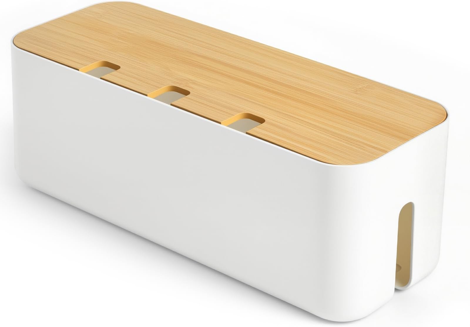 Cable Tidy Box, Large Cable Management Box, Cable Organiser Box with Bamboo Lid, Reusable 8 pcs Straps for Hiding Messy Cables Wire Management 14.2"x 5.1"x 5.1"（White）