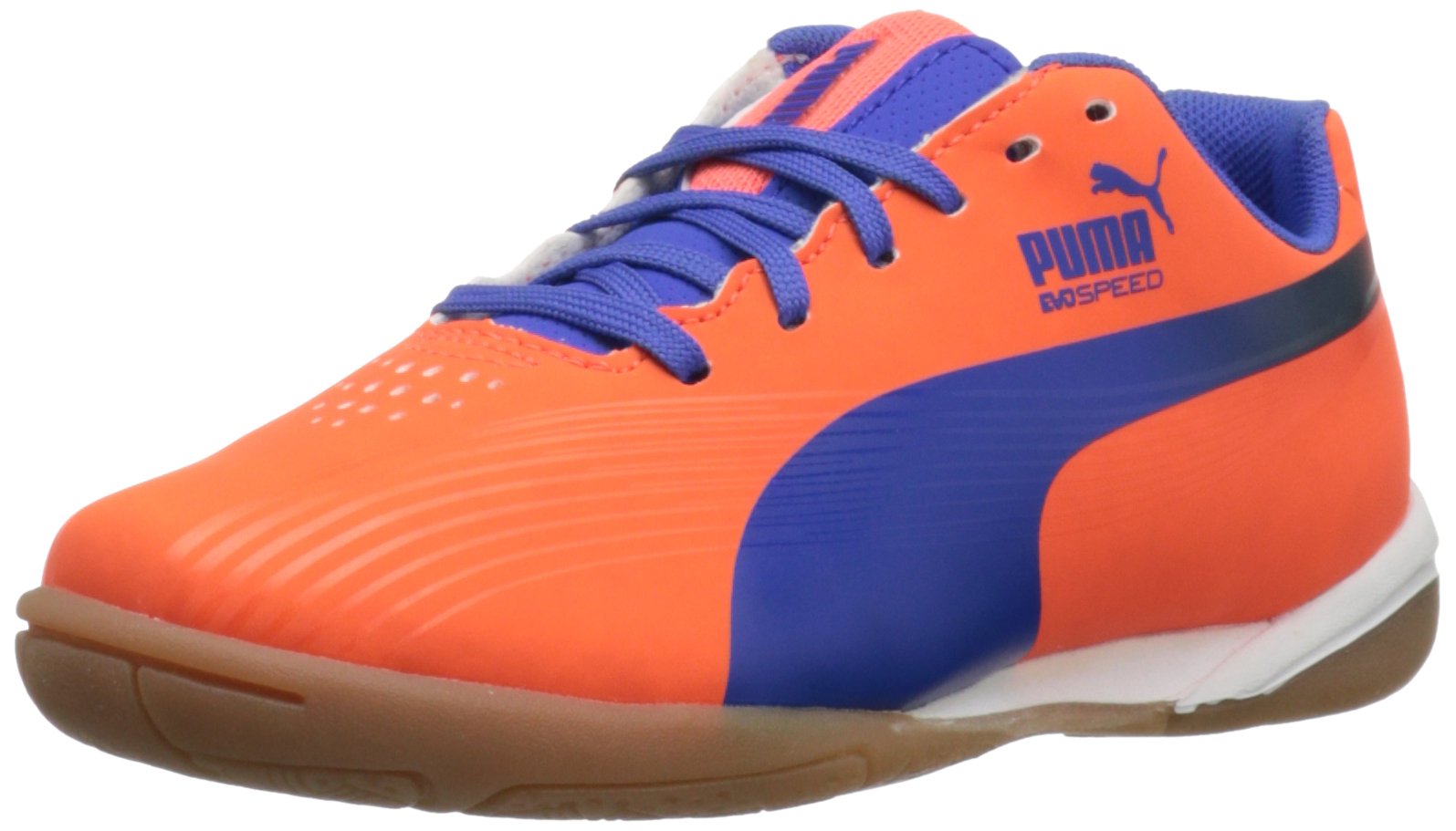 PUMA evoSPEED Star II JR Indoor Soccer Shoe (Little Kid/Big Kid),Fluorescent Peach/Poseidon/Dazzl Blue,1.5 M US Little Kid
