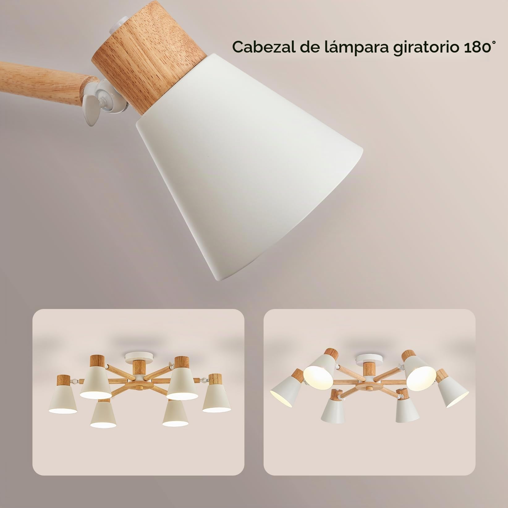 YOODI Lampara de Techo, 6 Luces Lámpara de Araña Modernos, E27 Plafones de Metal y Madera Maciza, Blanco Accesorio de Iluminación Colgante para Salón, Dormitorio, Comedor, Cocina (Sin Bombilla)