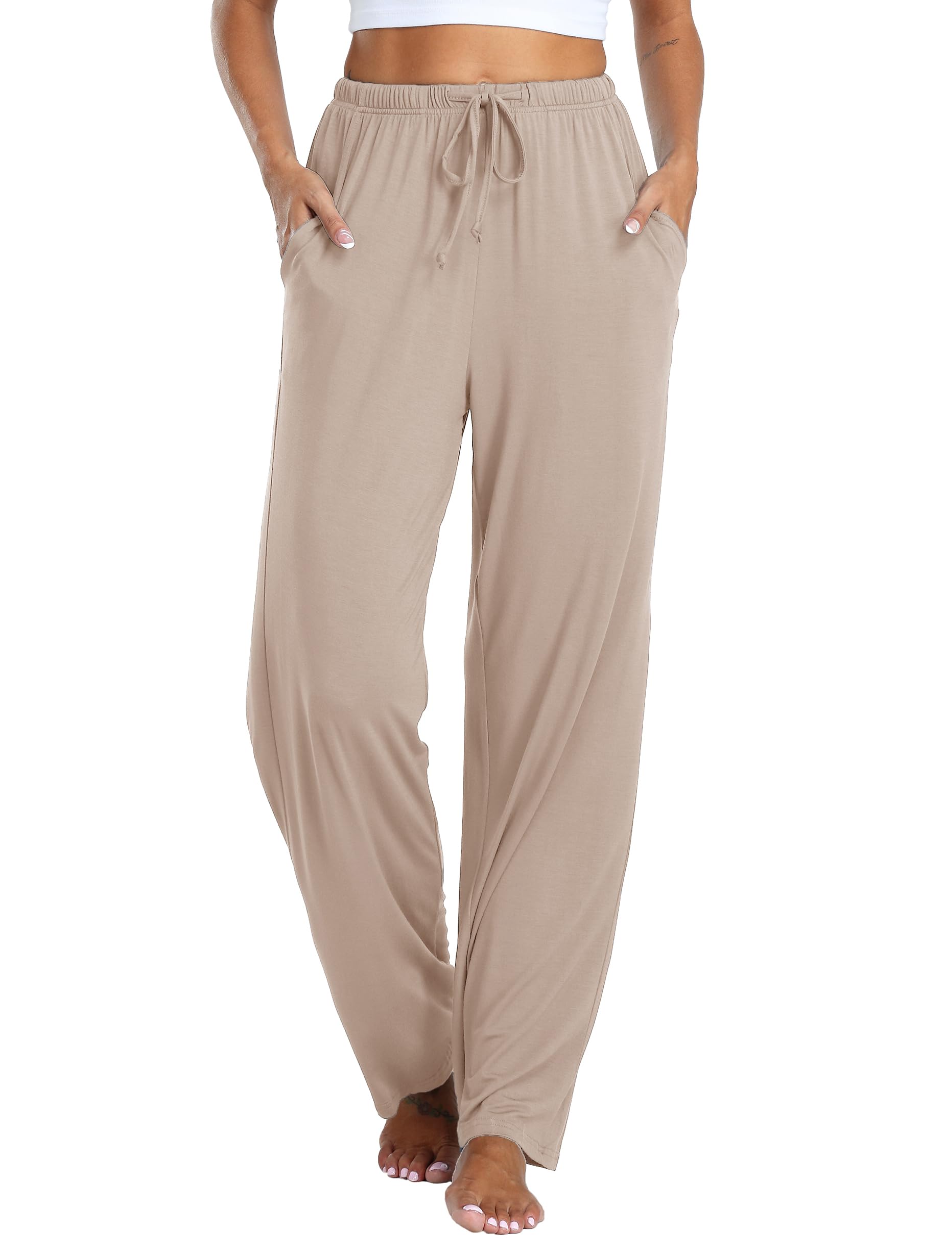Vlazom Damen Schlafanzughose Modal Lang Weich Loungehose Freizeithose Yogahose Nachtwäsche Hosen mit Taschen Pyjamahose mit geradem Beinil