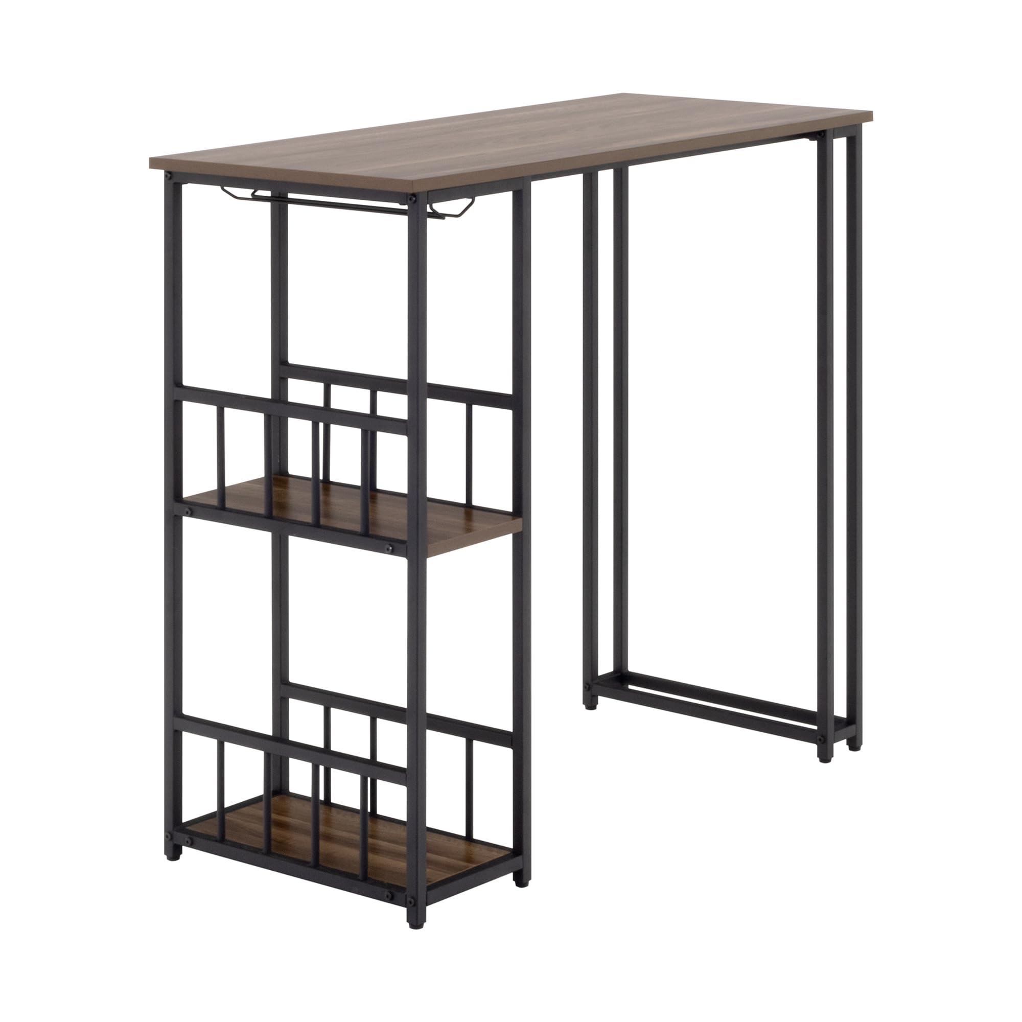 Gavin Mesa de Bar 110x50 cm | 105 cm de Altura | con 2 estantes y portavasos, Estructura de Acero, fácil de Montar, Estilo Industrial, Color Nogal