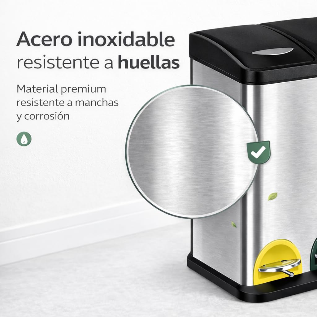 T-LOVENDO.ES Cubo basura o reciclaje 3 de compartimentos Grande | 3 X 8L Total 24 Litros | Contenedores de reciclaje separados por color | Papeleras con pedal | Acero | Gran capacidad
