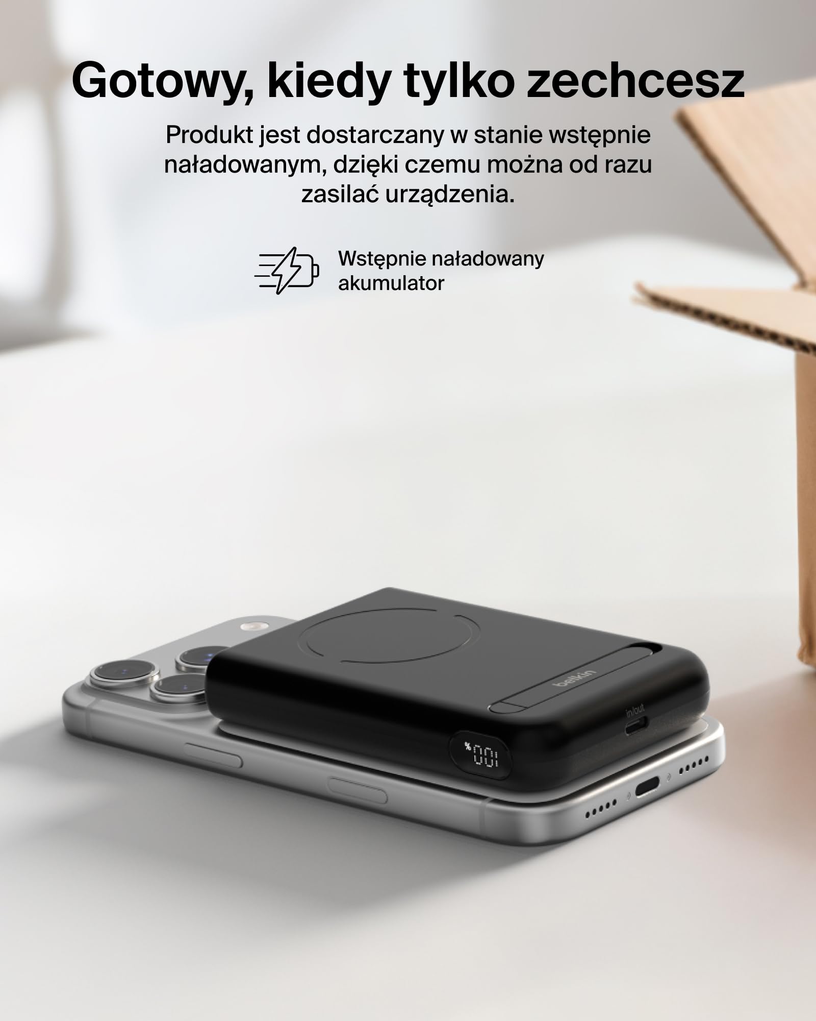 Belkin BoostCharge Magnetyczny Powerbank 10000 mAh z Podpórką – Czarny | Powerbank Bezprzewodowy 10000 mAh, Pierścień Magnetyczny do Podłączania Akcesoriów, Port USB-C, Naładowany, Kabel w Zestawie