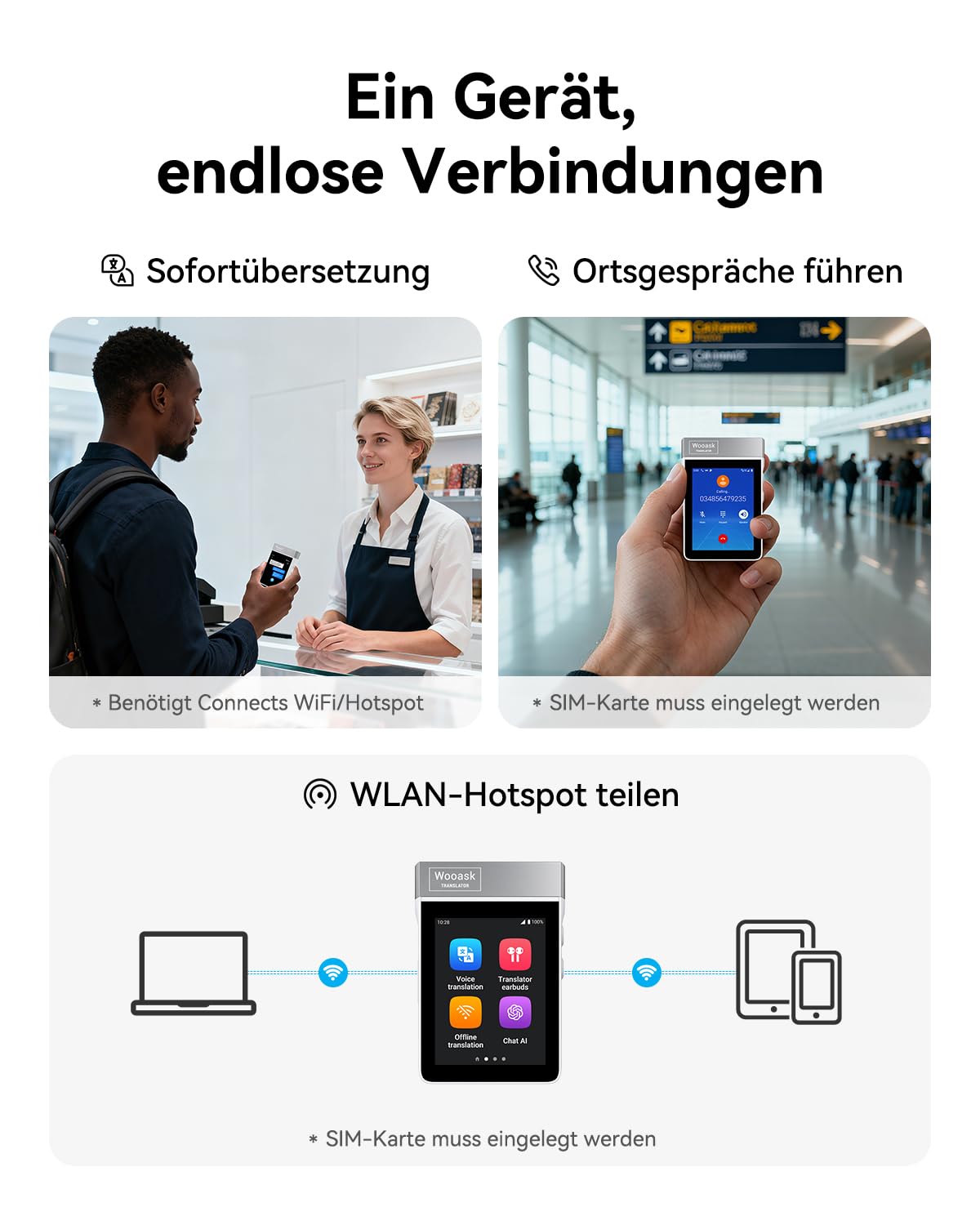 Wooask A9 KI-Übersetzer & Übersetzer-Kopfhörer, Eigenständiges Sprachübersetzungsgerät mit KI-Assistent, Echtzeit-, Foto- & Offline-Übersetzung für 144 Sprachen, Optional 4G mit WLAN-Hotspot (Weiß)