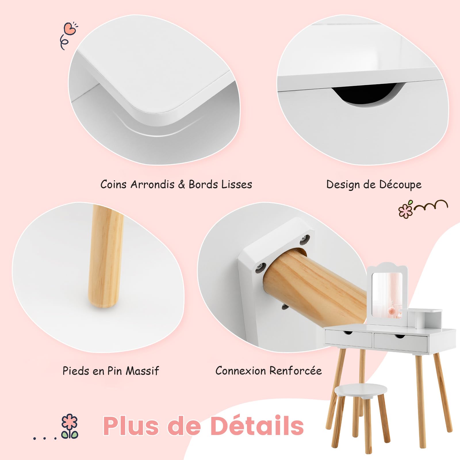 COSTWAY 2 en 1 Coiffeuse Enfant avec Miroir Rectangulaire Amovible & Tabouret Mignon, Table de Maquillage Princesse avec 2 Grands Tiroirs & Étagère, Charge 20/40kg pour Enfants de 3-7 Ans